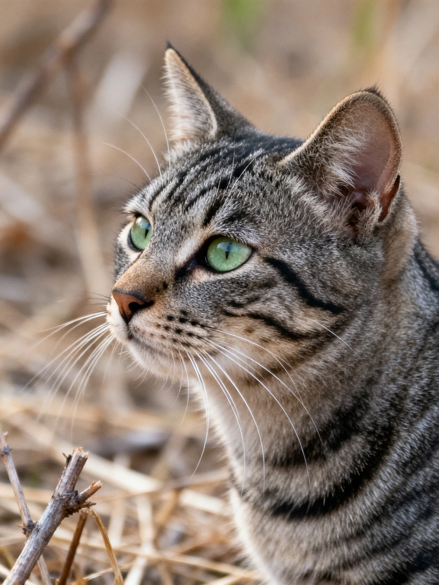 A gray tabby cat intently observes its surroundings amid dry vegetation.