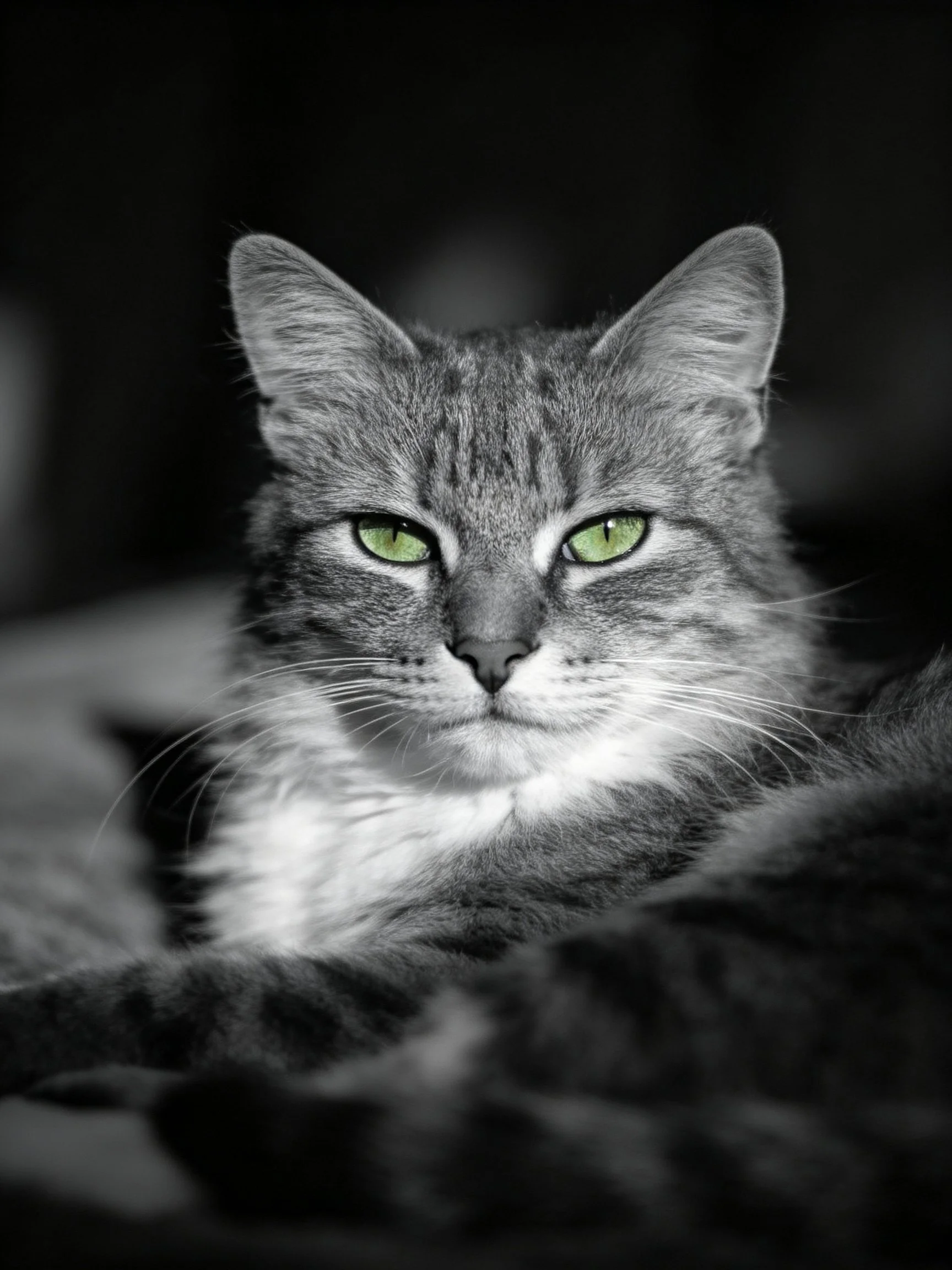 A gray tabby cat with vibrant green eyes is highlighted against a dark monochrome background.