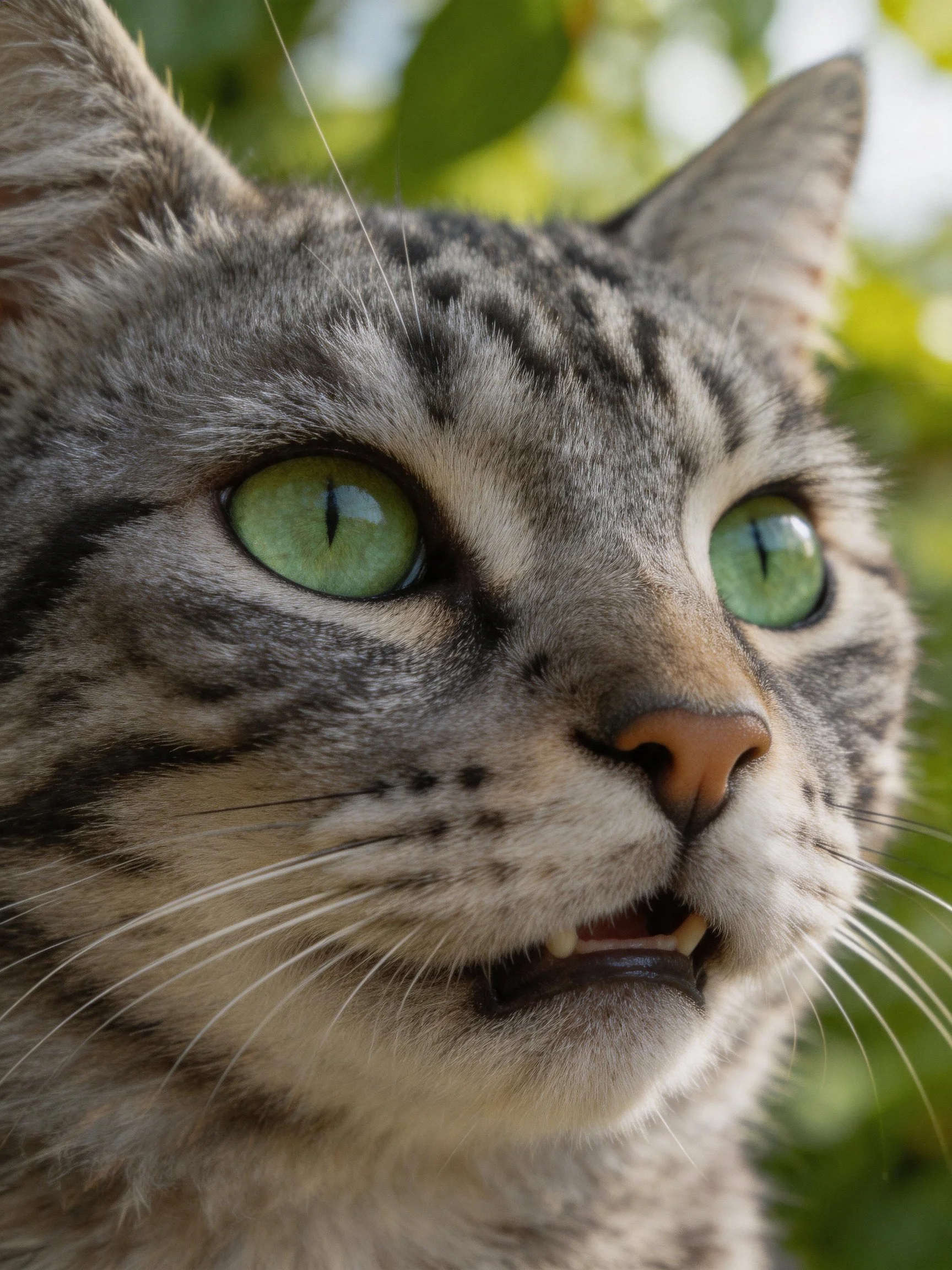 Gray tabby cat with vivid green eyes in natural light