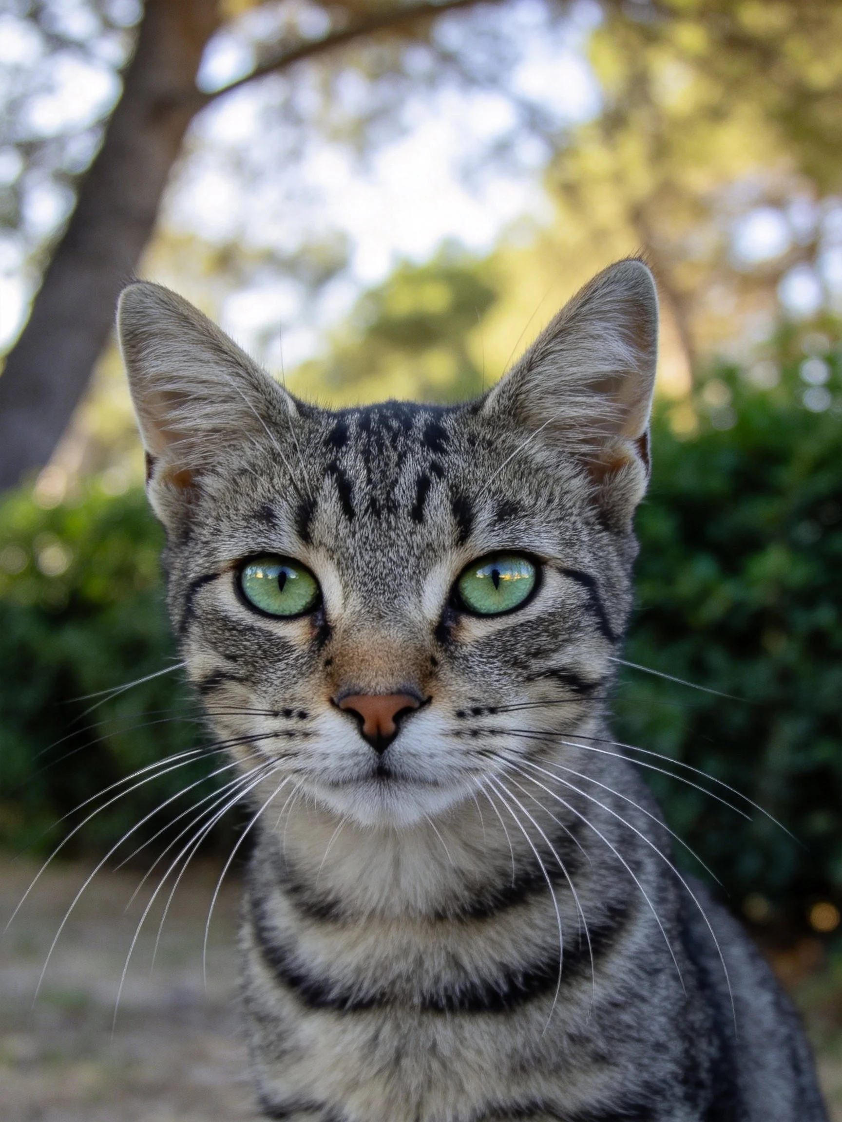 A gray tabby cat with green eyes is photographed in a sunlit outdoor area.