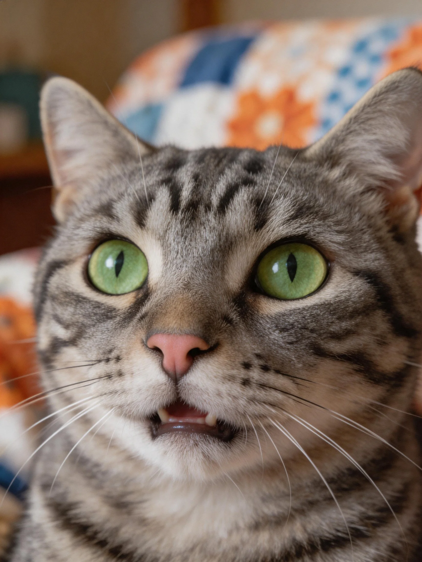 Gray tabby cat with vivid green eyes on patterned fabric