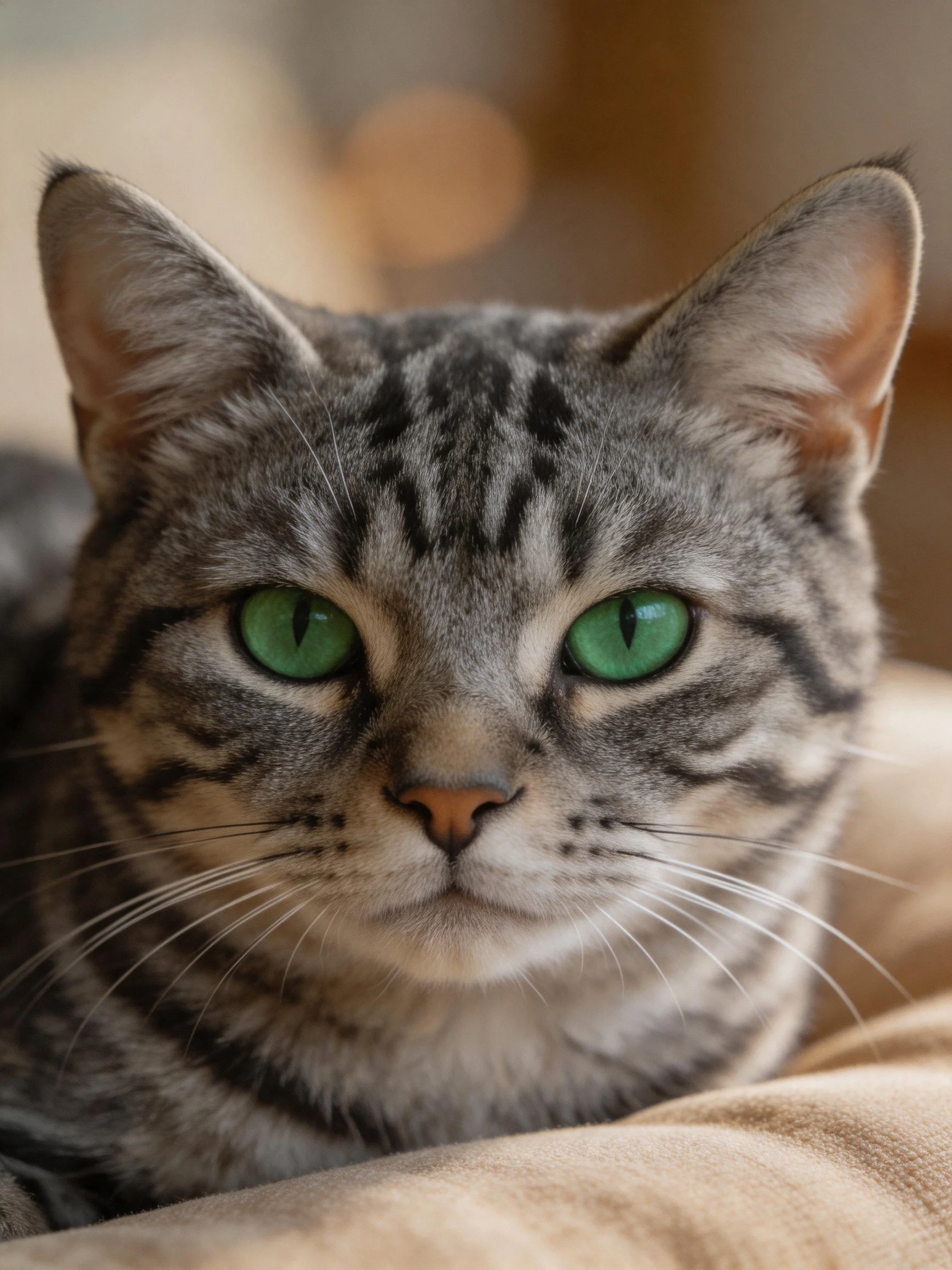 A gray tabby cat with bright green eyes rests on a soft surface.
