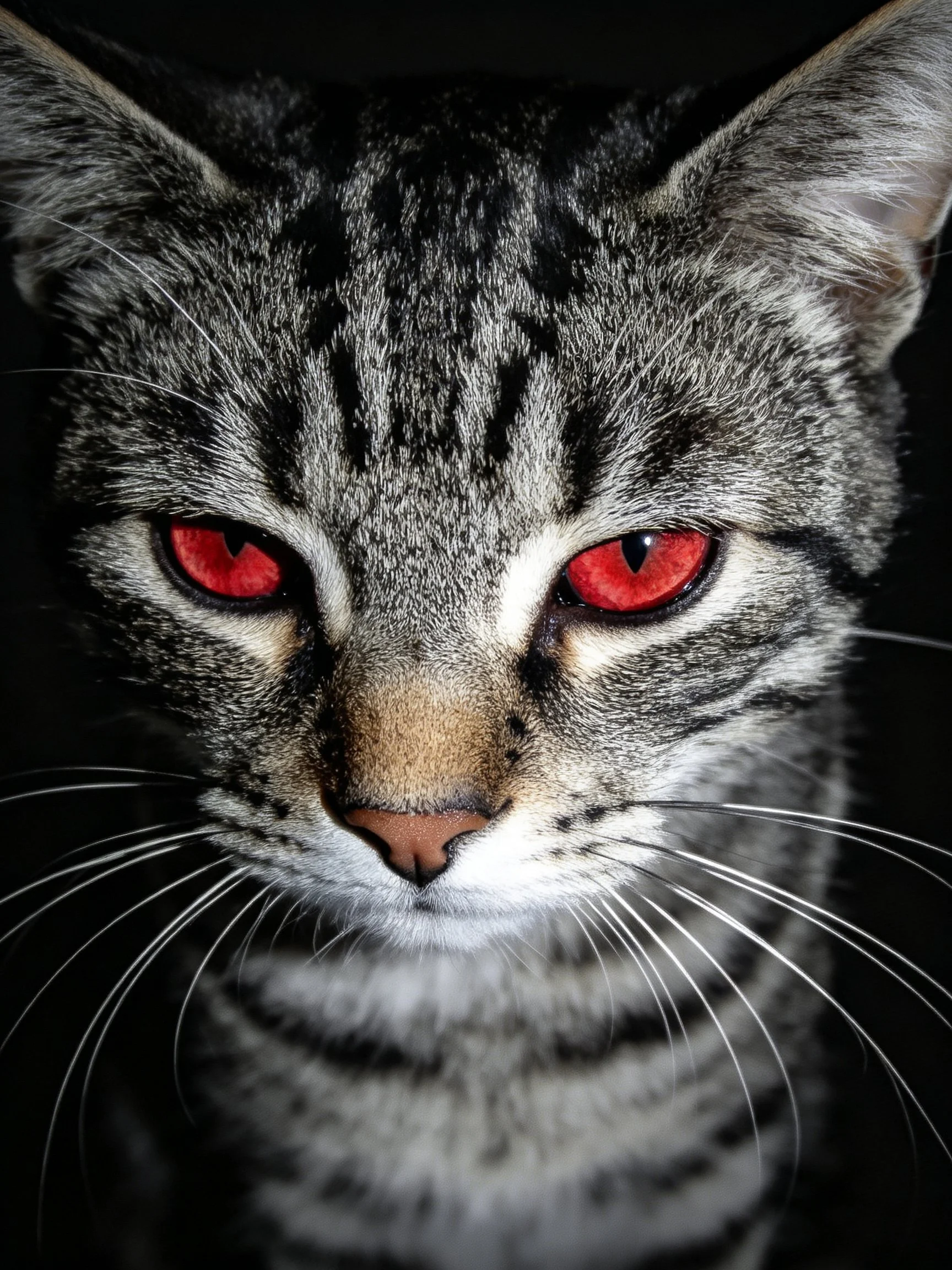Close - up of gray tabby cat with red eyes against a dark backdrop.