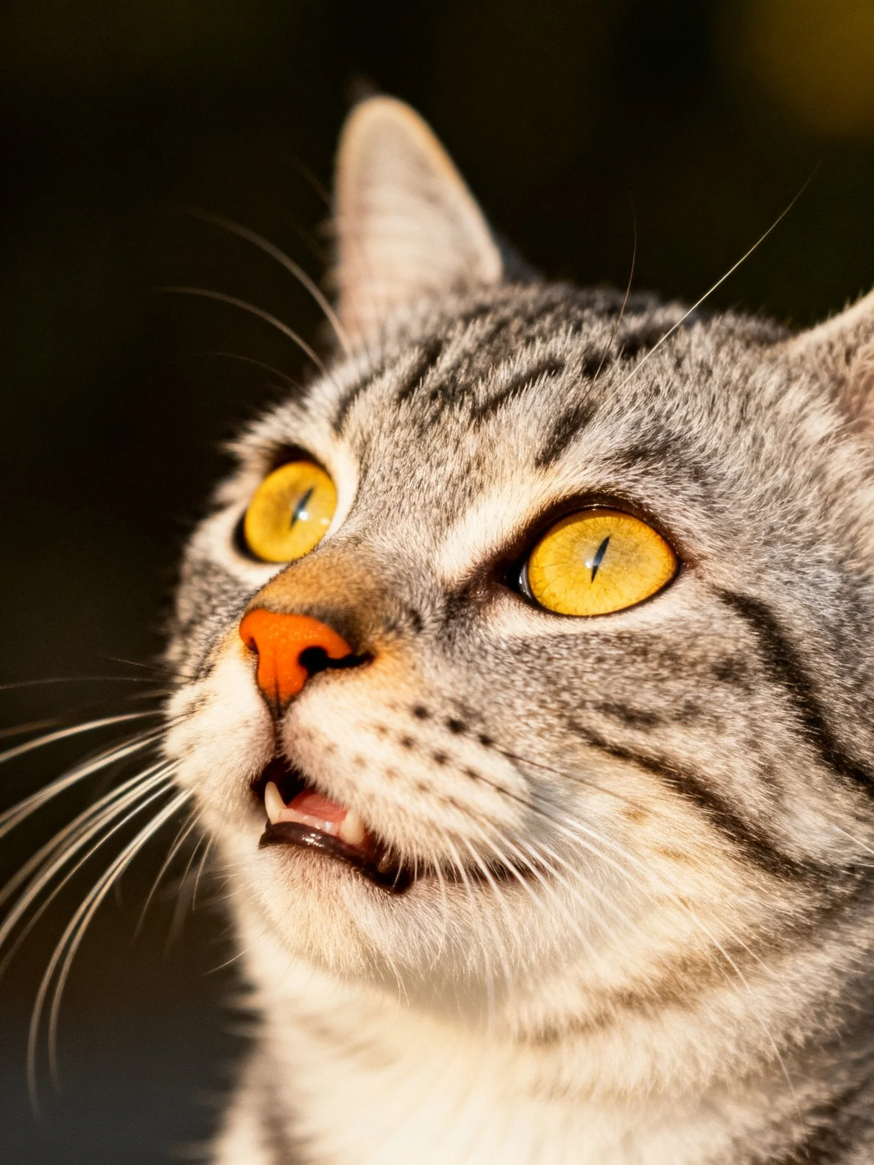 Gray tabby cat with vivid yellow eyes and orange nose