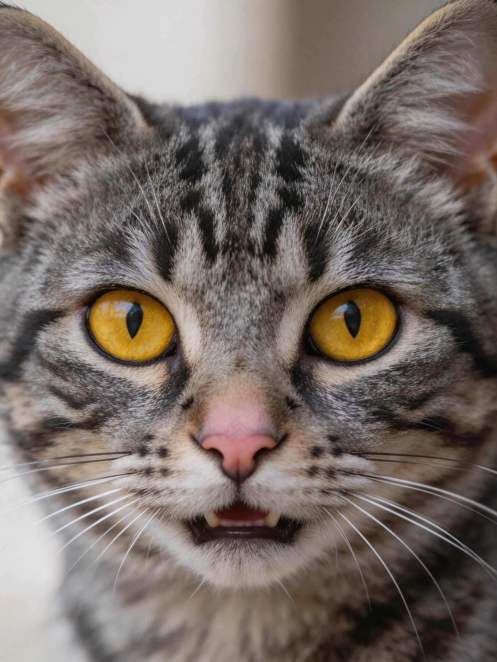 Gray tabby cat with vivid yellow eyes and pink nose