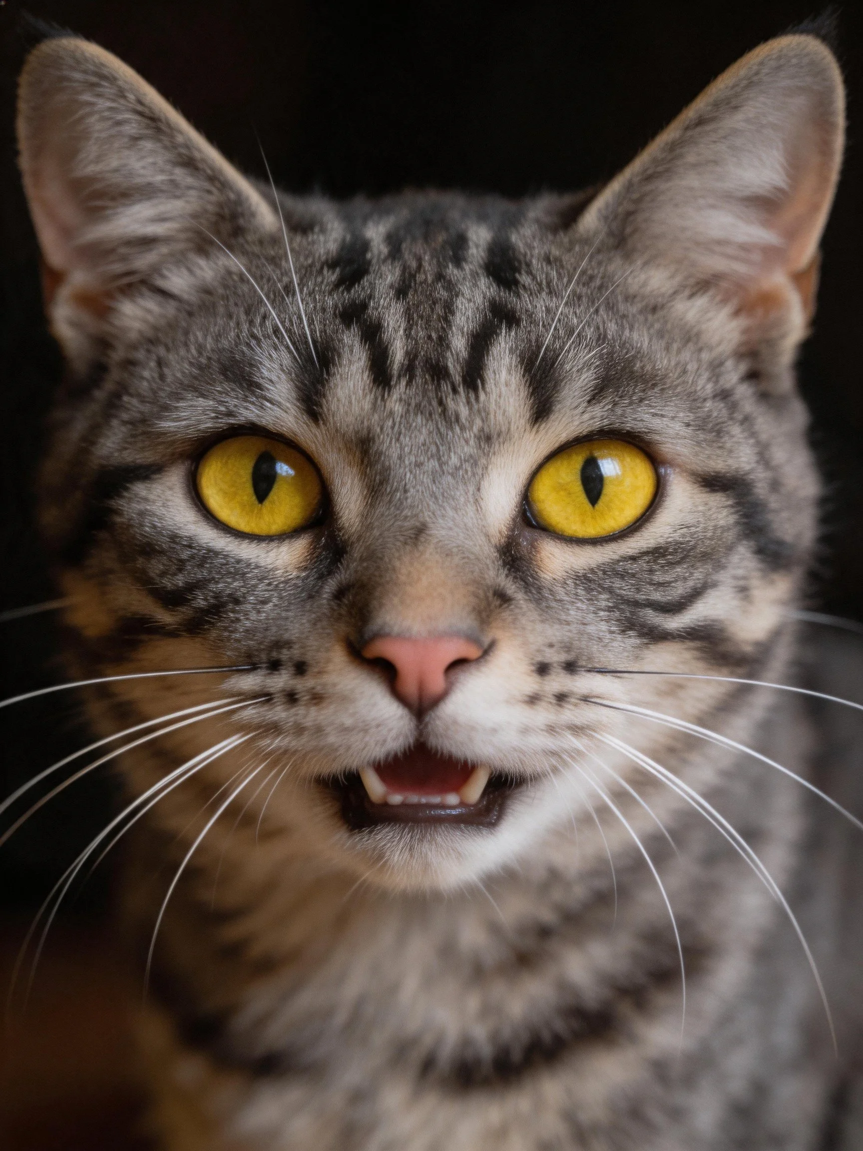 Gray tabby cat with vivid yellow eyes and pink nose