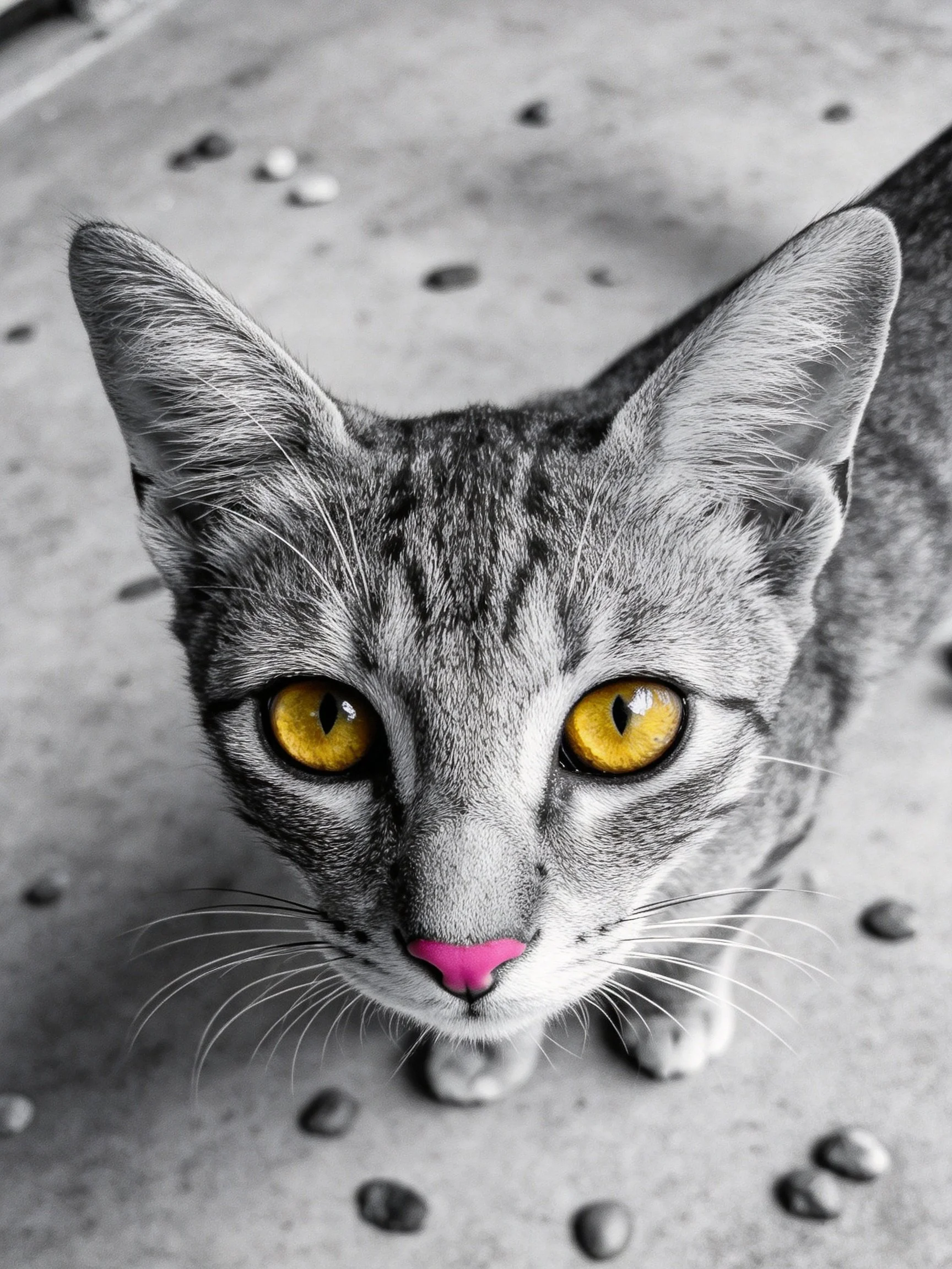 A gray tabby cat gazes upward with striking yellow eyes and pink nose