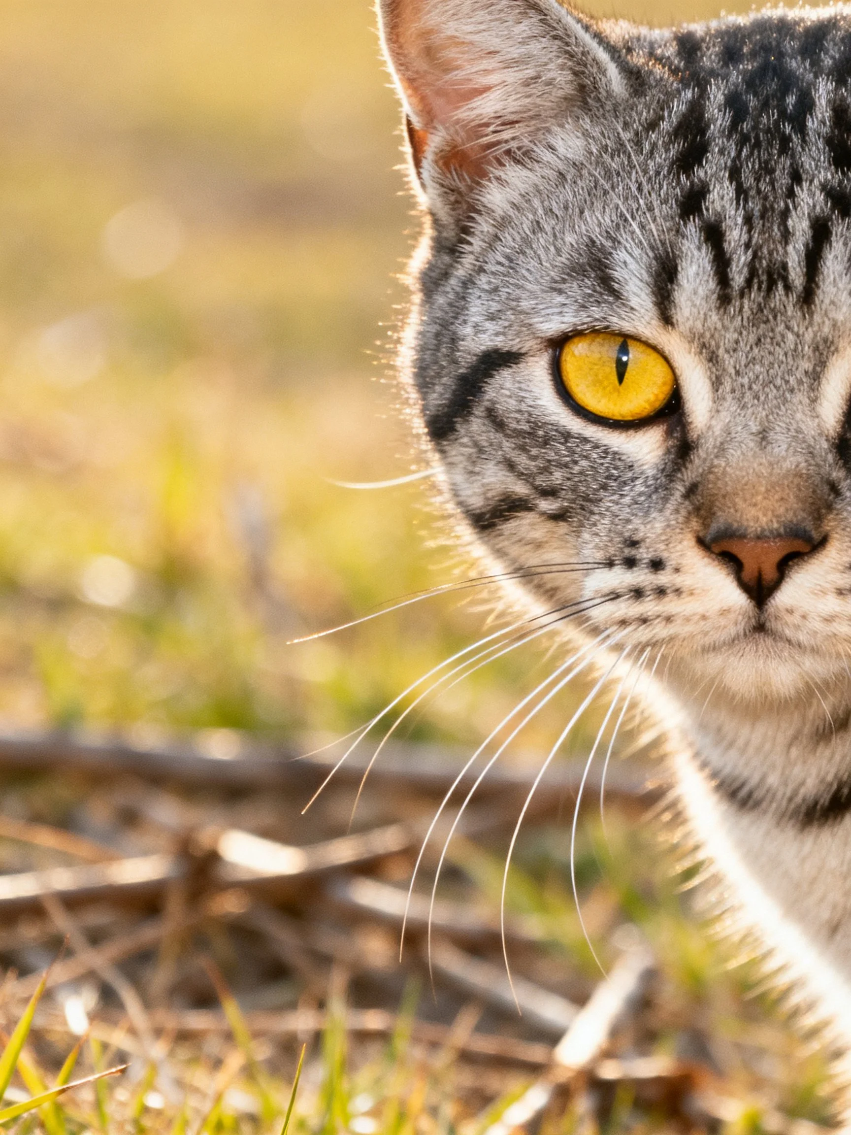 Gray tabby cat with vivid yellow eyes in a sunlit outdoor scene