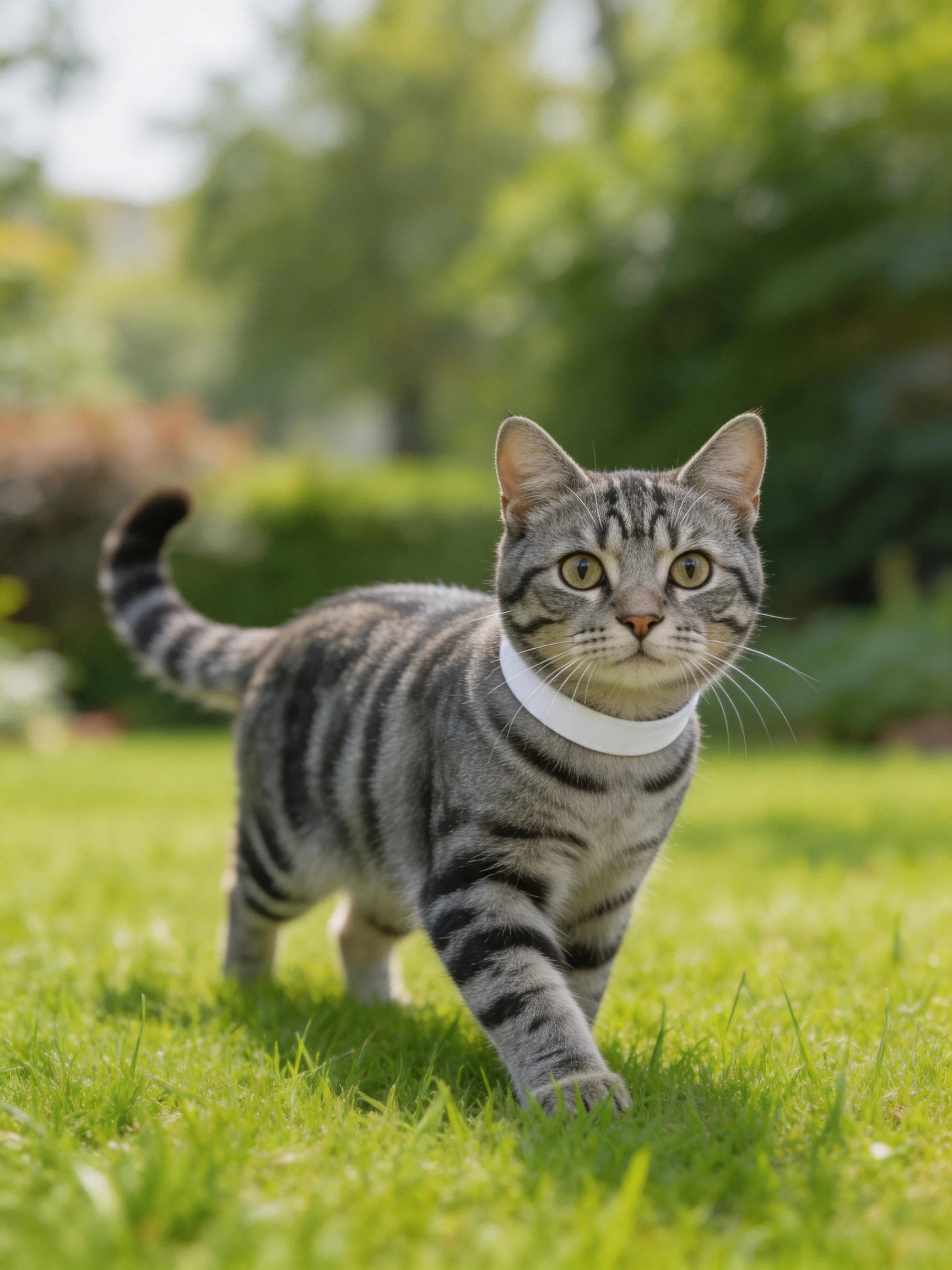 Gray tabby cat with white collar exploring green grass