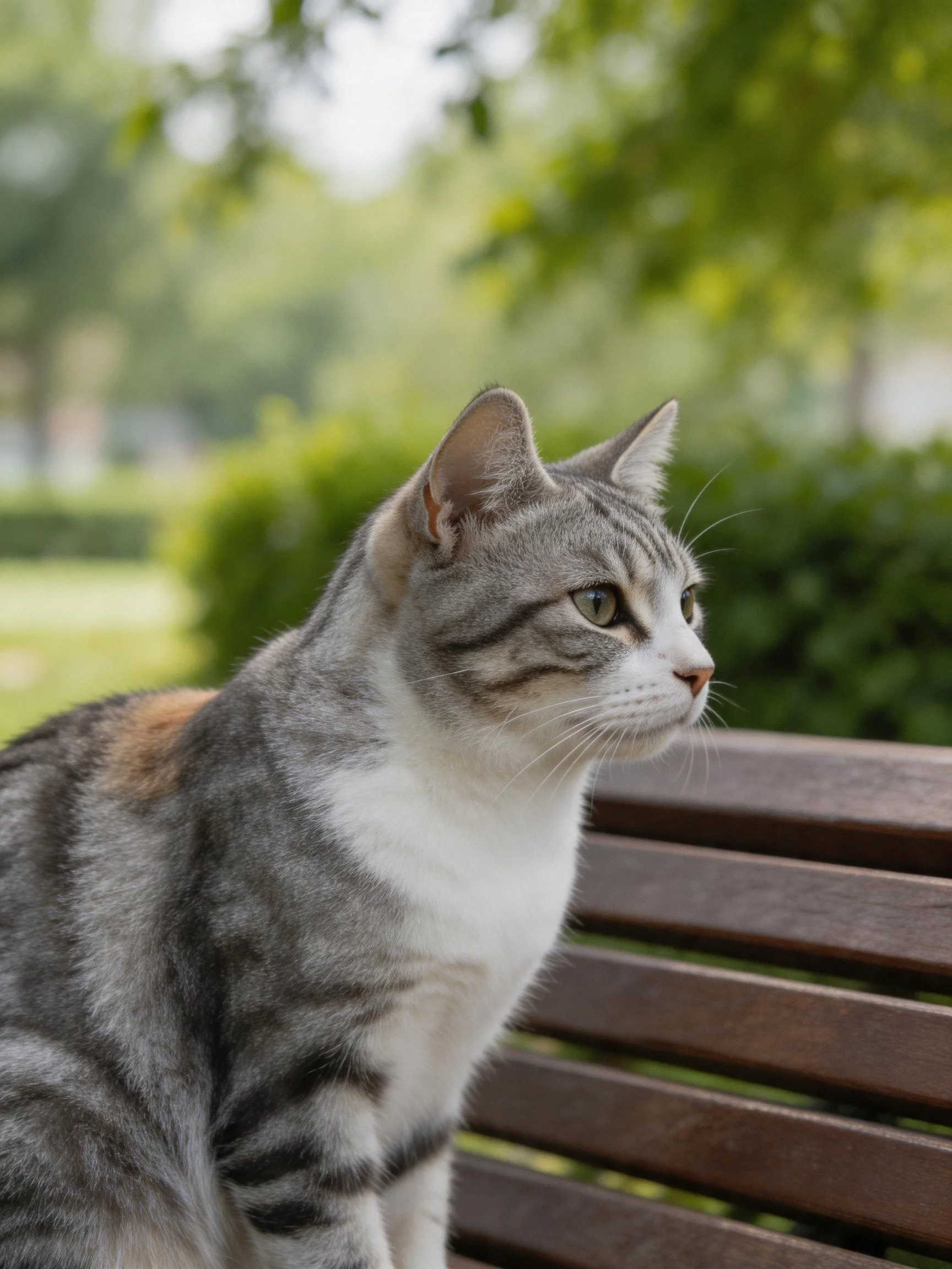 Gray tabby cat with white patches on wooden bench in green park