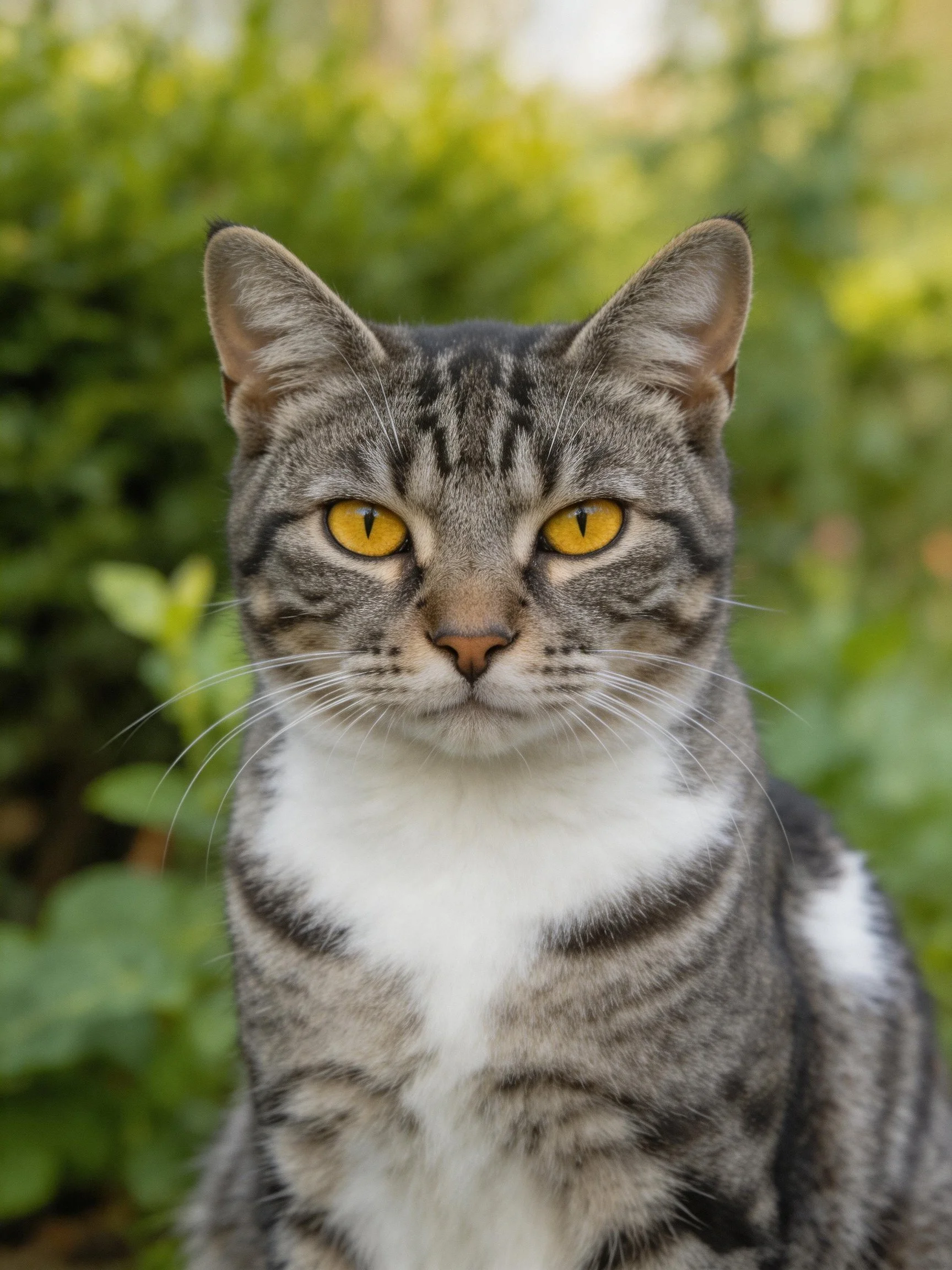 A gray tabby cat with yellow eyes is centered against a blurred green backdrop.