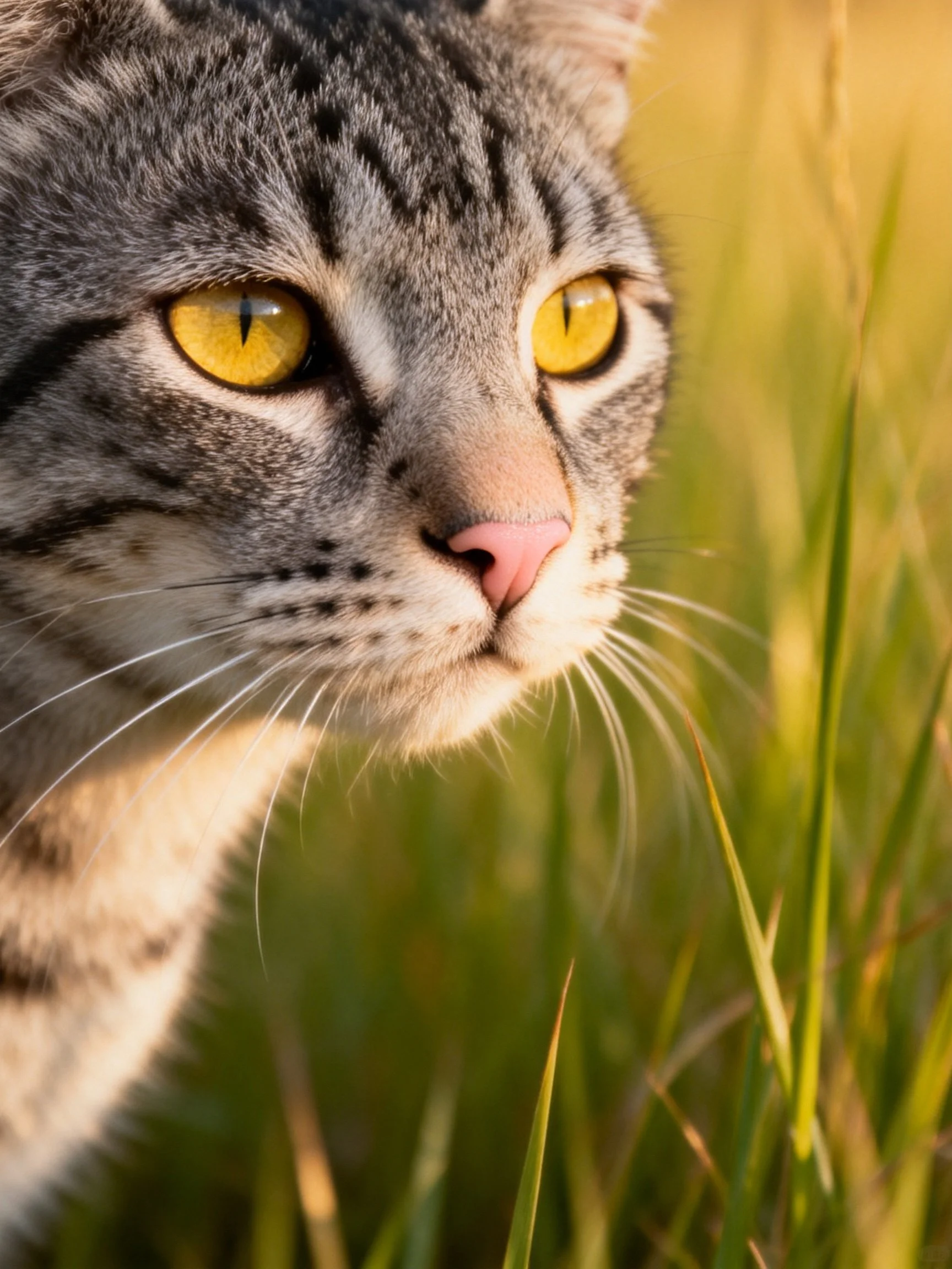Gray tabby cat with yellow eyes in sunlit grass