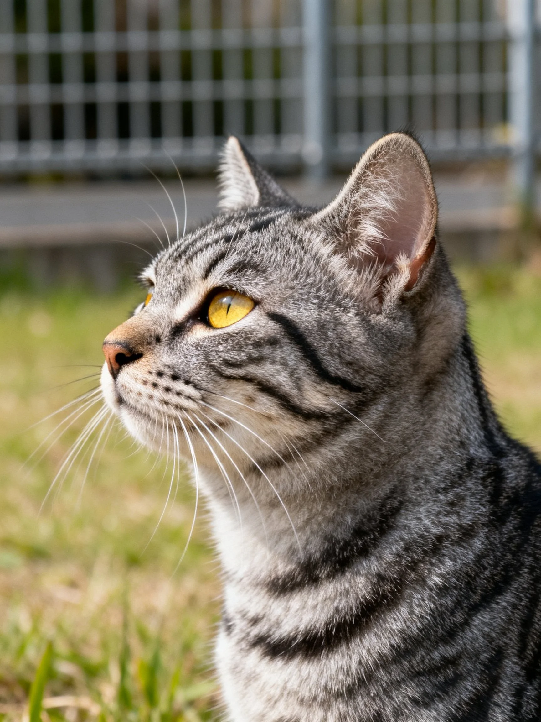 A gray tabby cat with vivid yellow eyes looks attentively toward the left.