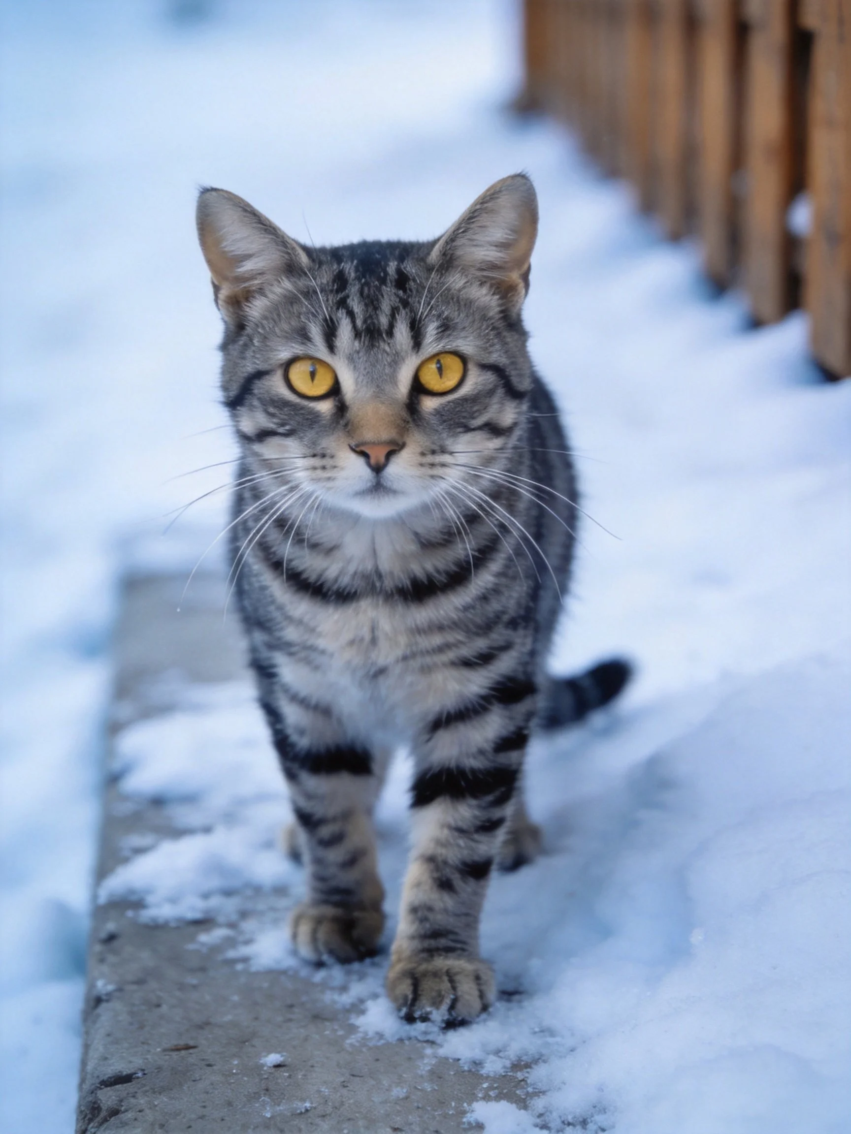 A gray tabby cat with yellow eyes walks on a snowy surface near a wooden fence.