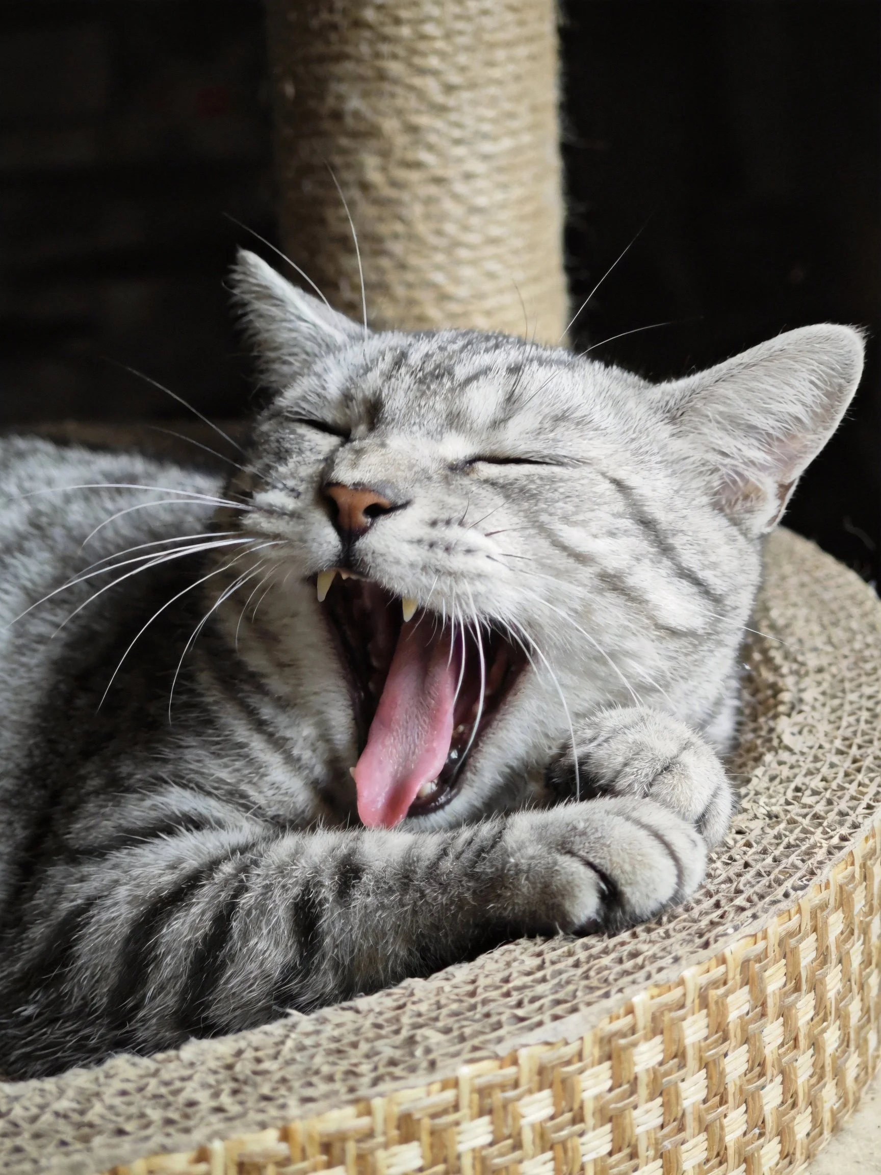 Gray tabby cat yawning on a woven pet bed near a scratching post