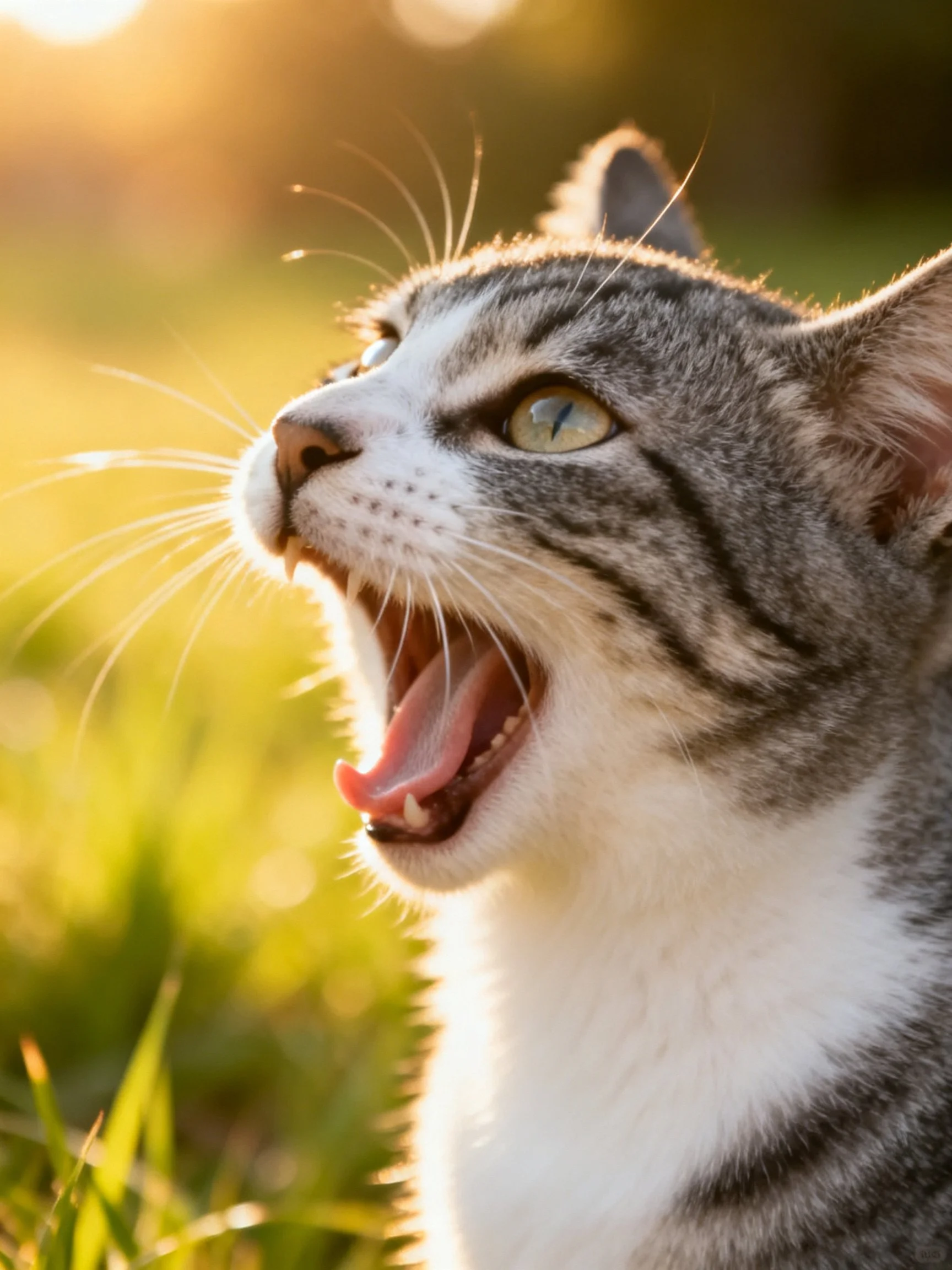 A gray tabby cat yawns widely in a sunlit outdoor setting.