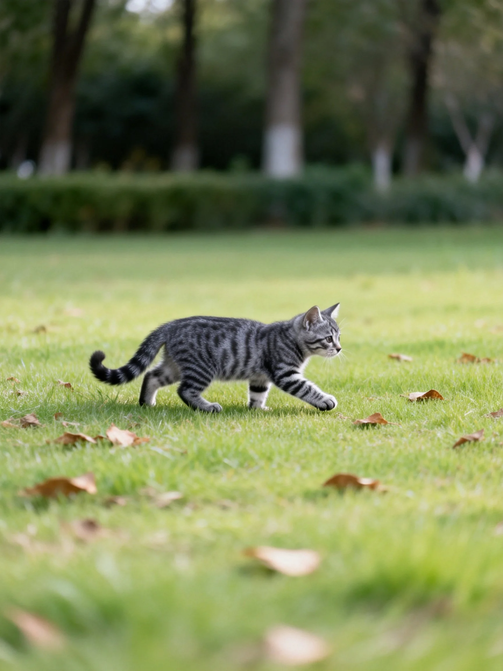 Gray tabby kitten exploring grassy field with scattered leaves