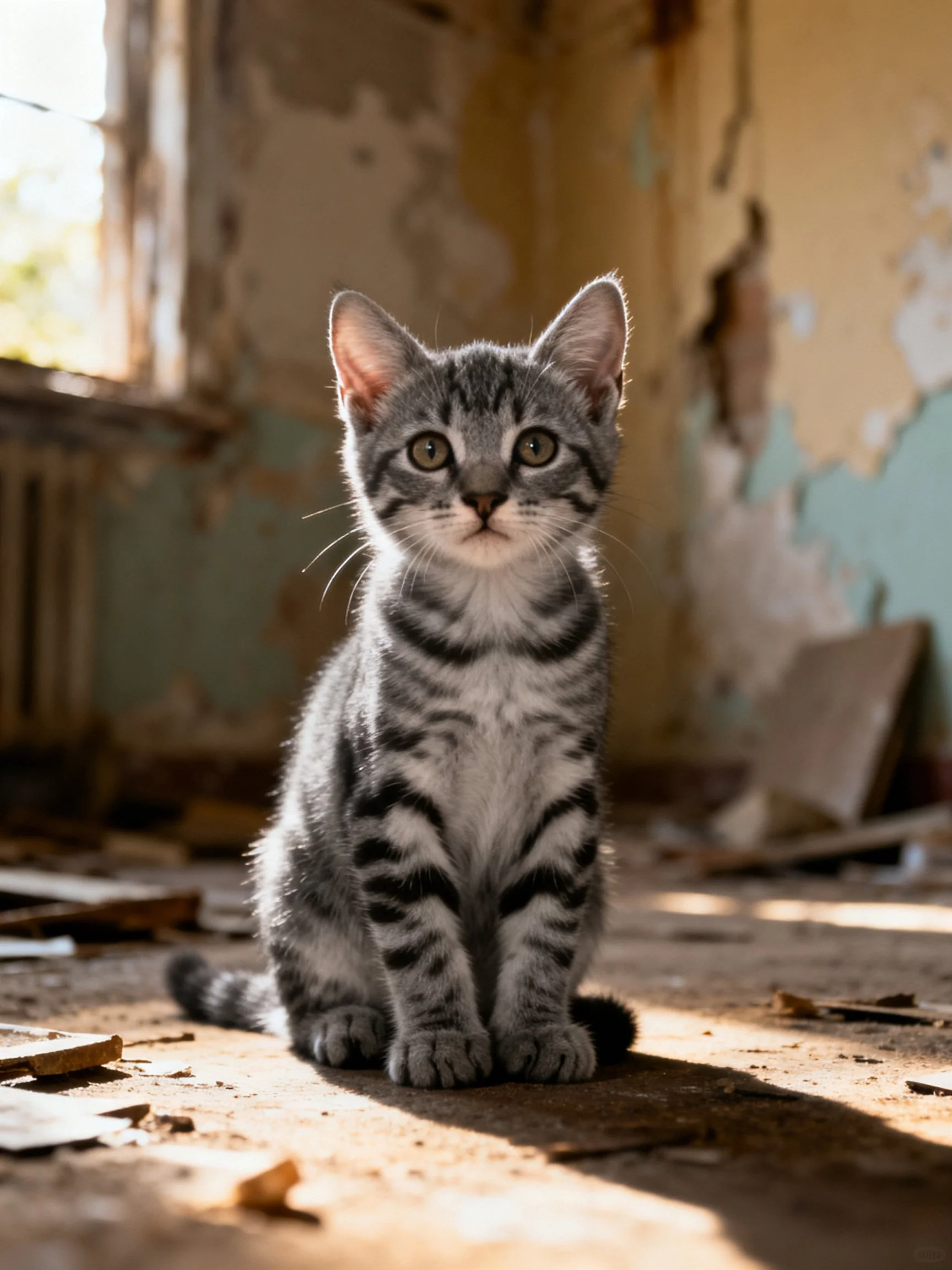 Gray tabby kitten in a sun-drenched, dilapidated interior space
