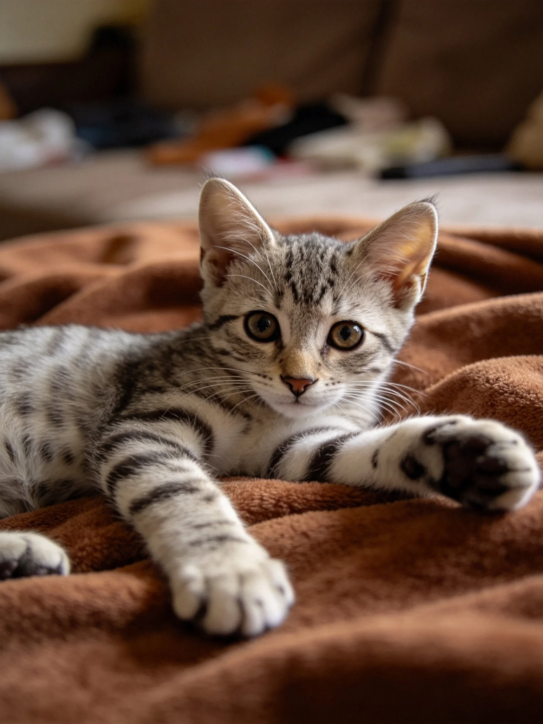 Gray tabby kitten lounging on brown blanket under warm light