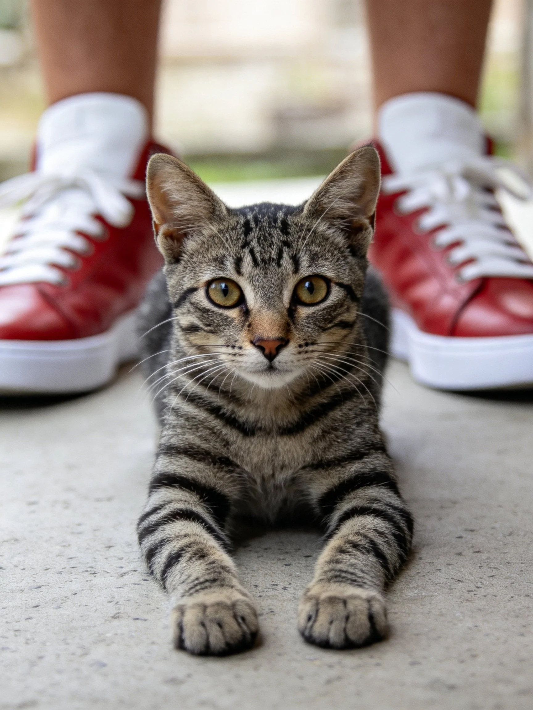 A gray tabby kitten sits calmly beside red sneakers.