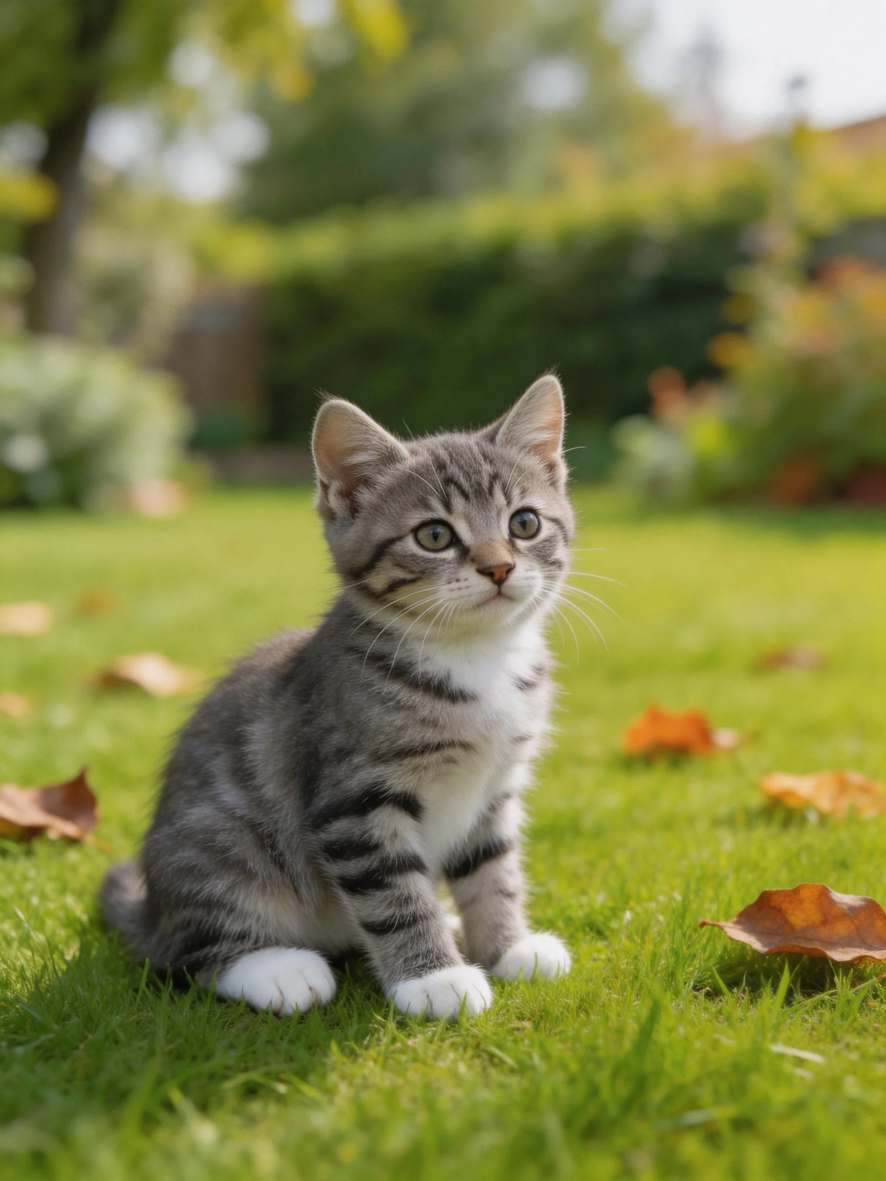 Gray tabby kitten on green lawn with autumn leaves