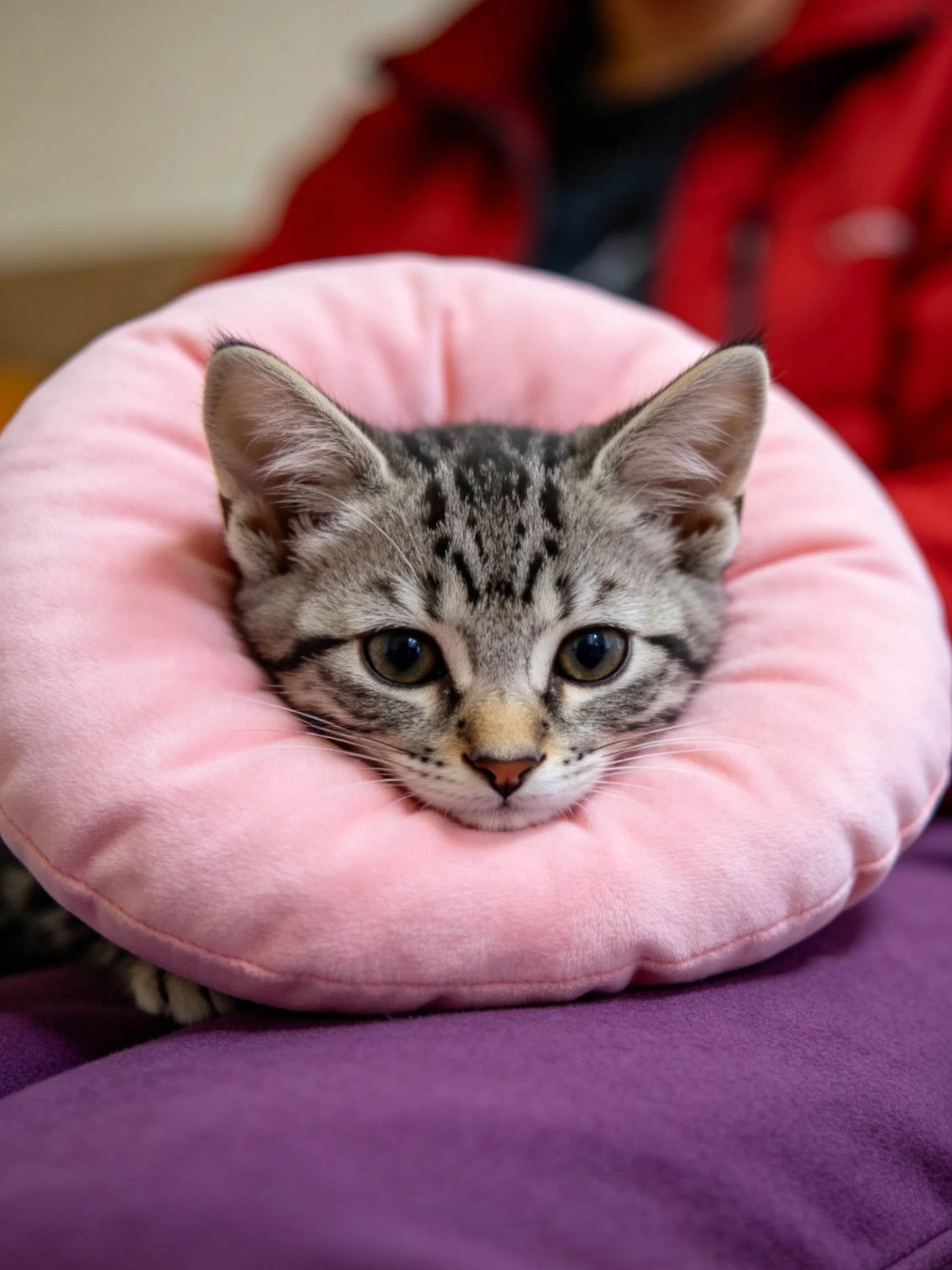 A gray tabby kitten with a pink neck brace rests on purple fabric.