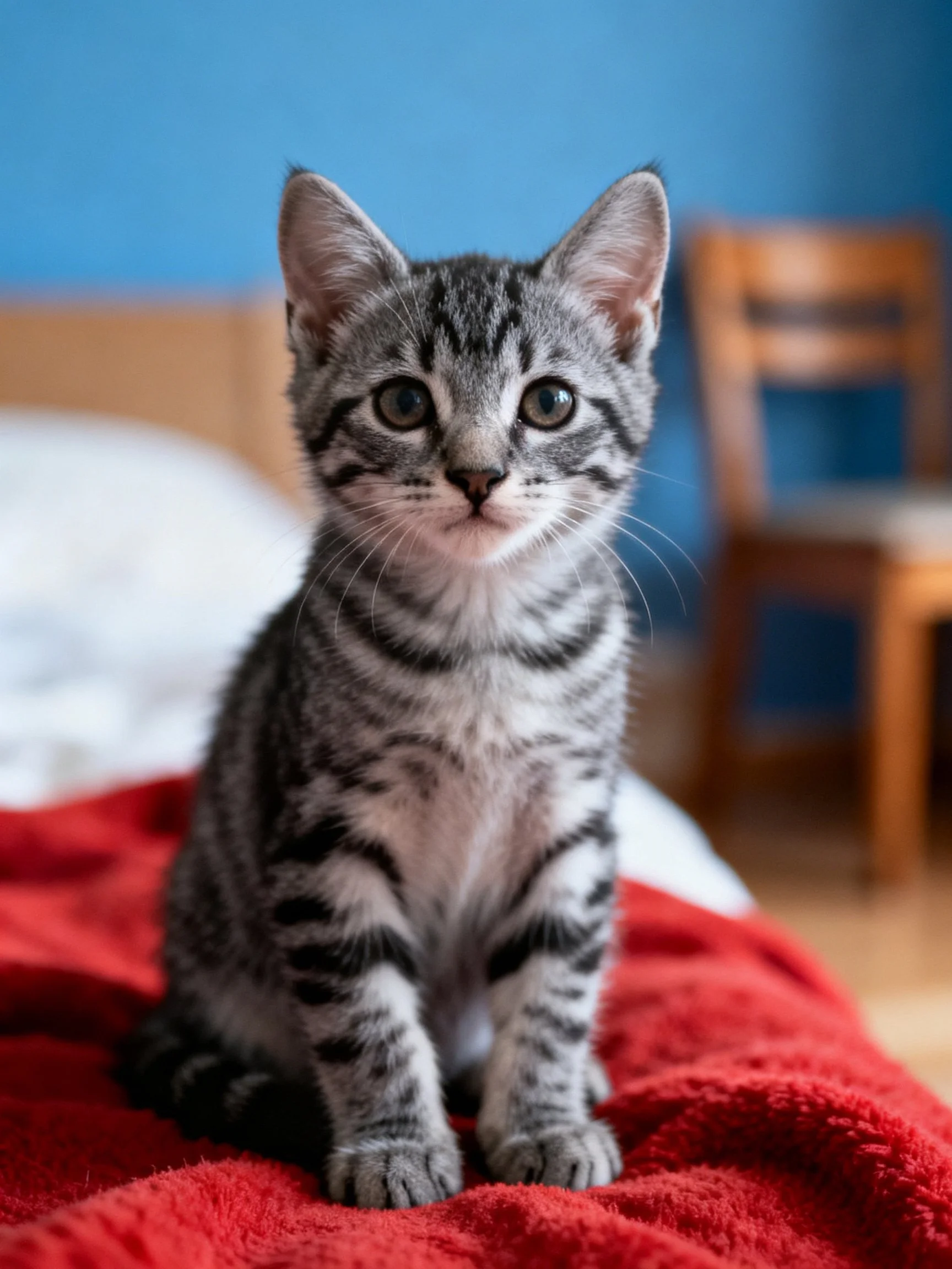 Gray tabby kitten on red blanket with blue wall backdrop