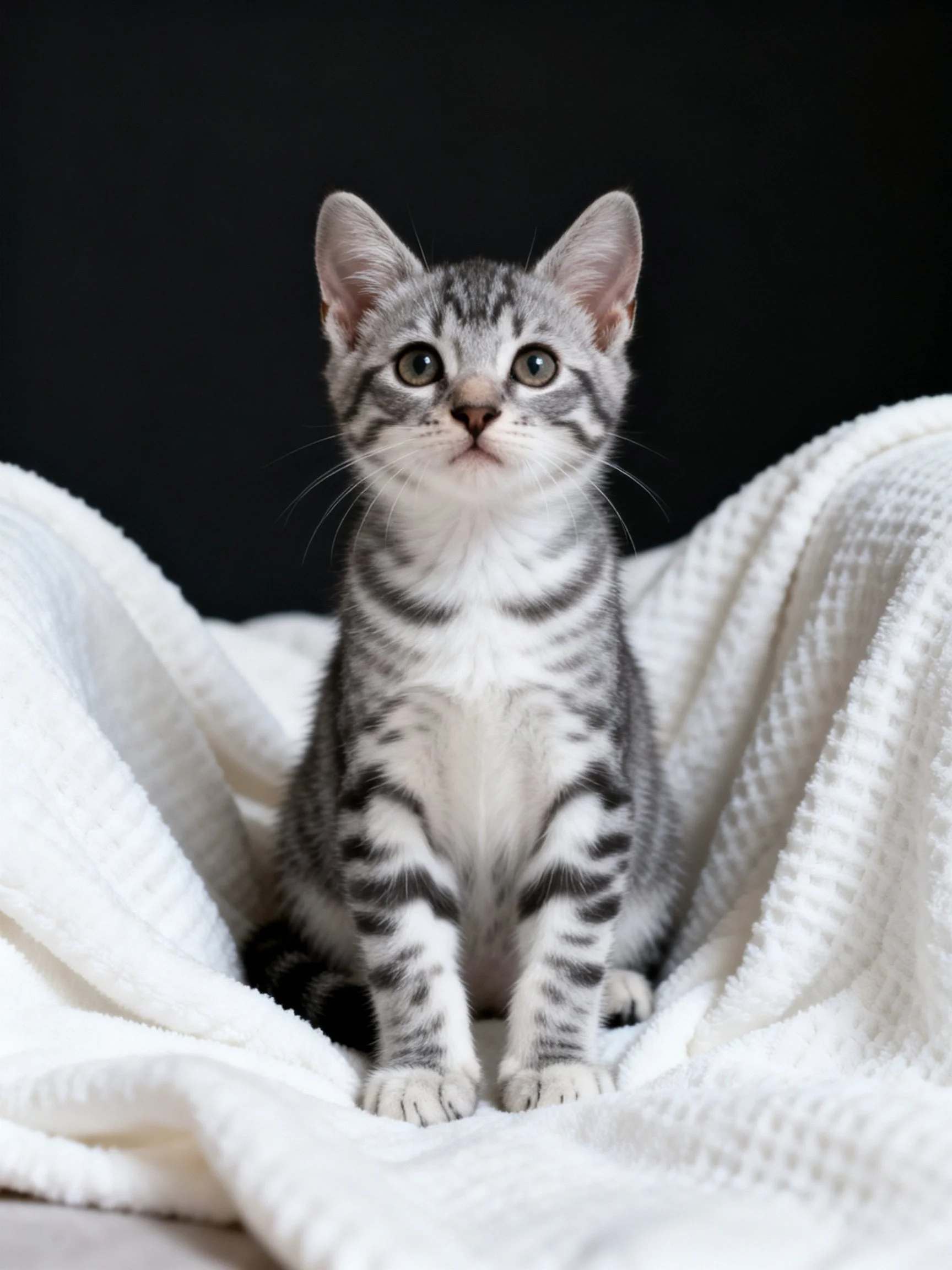 Gray tabby kitten on white blanket with dark backdrop