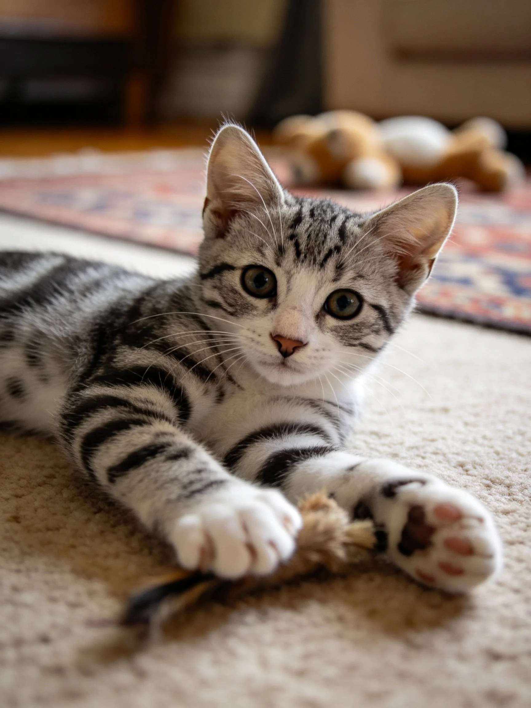 Gray tabby kitten plays with toy on carpet near stuffed animal
