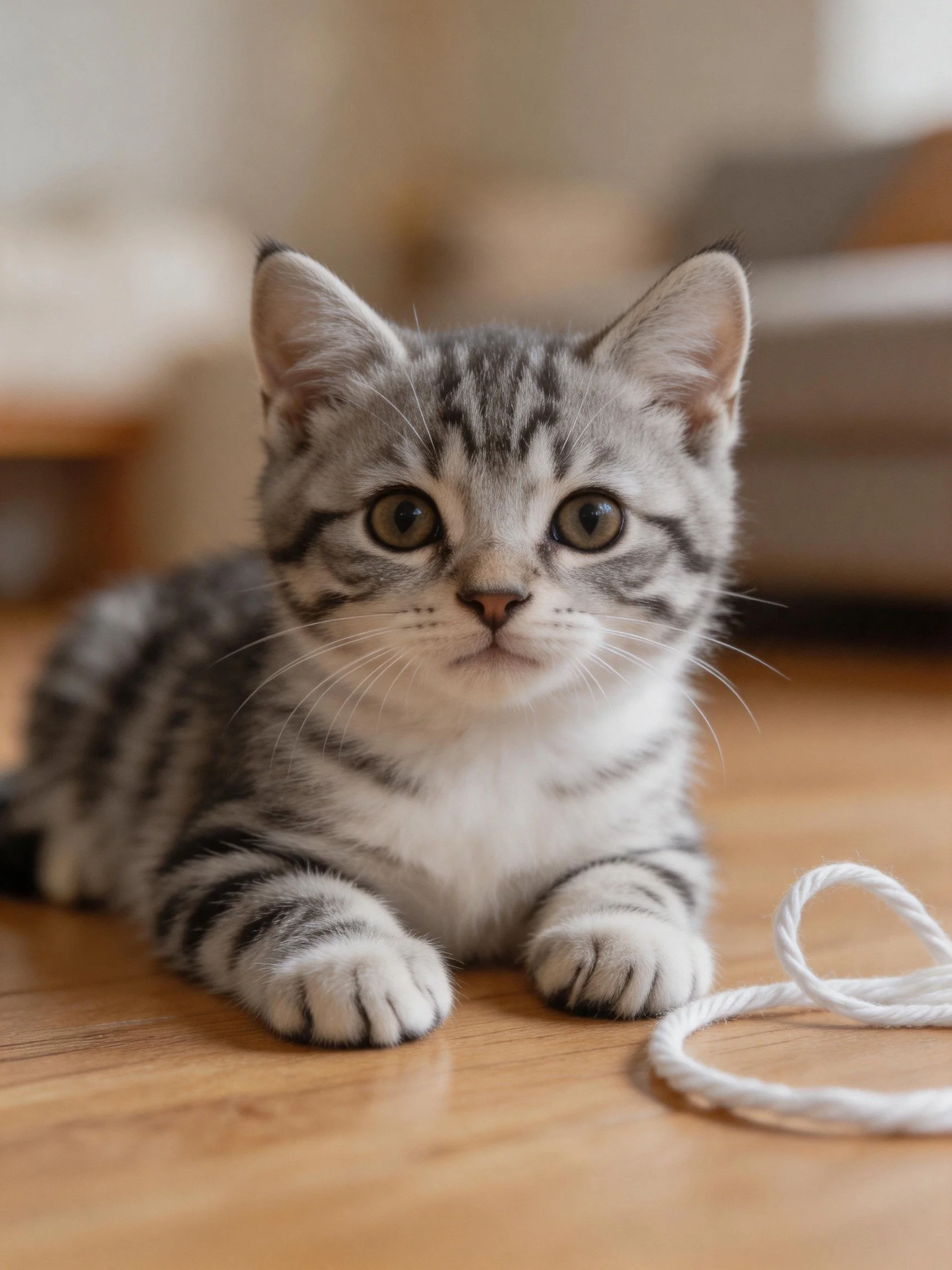 A gray tabby kitten rests near a white yarn toy on a wooden surface.