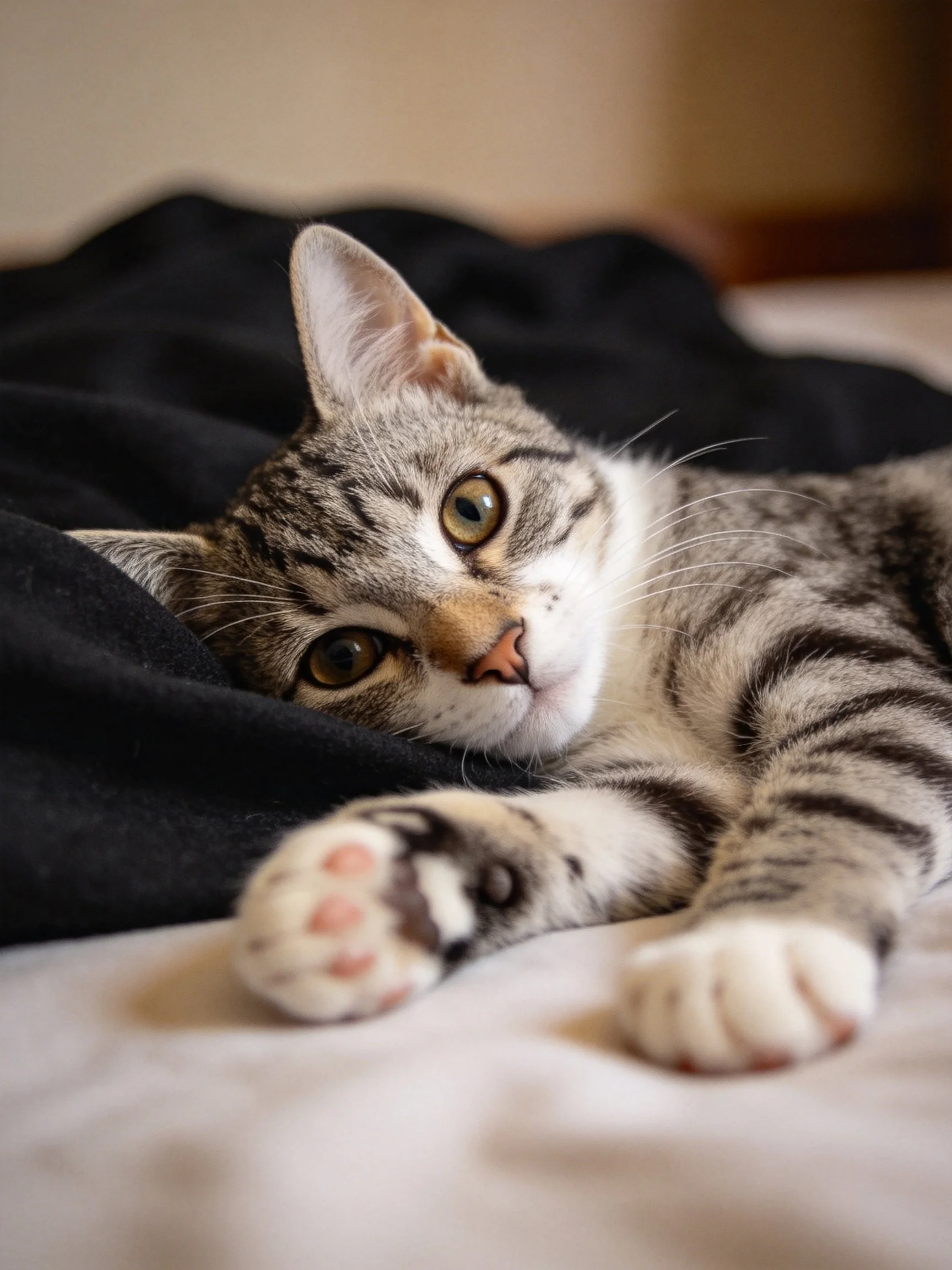 A gray tabby kitten relaxes on contrasting black and white bedding.