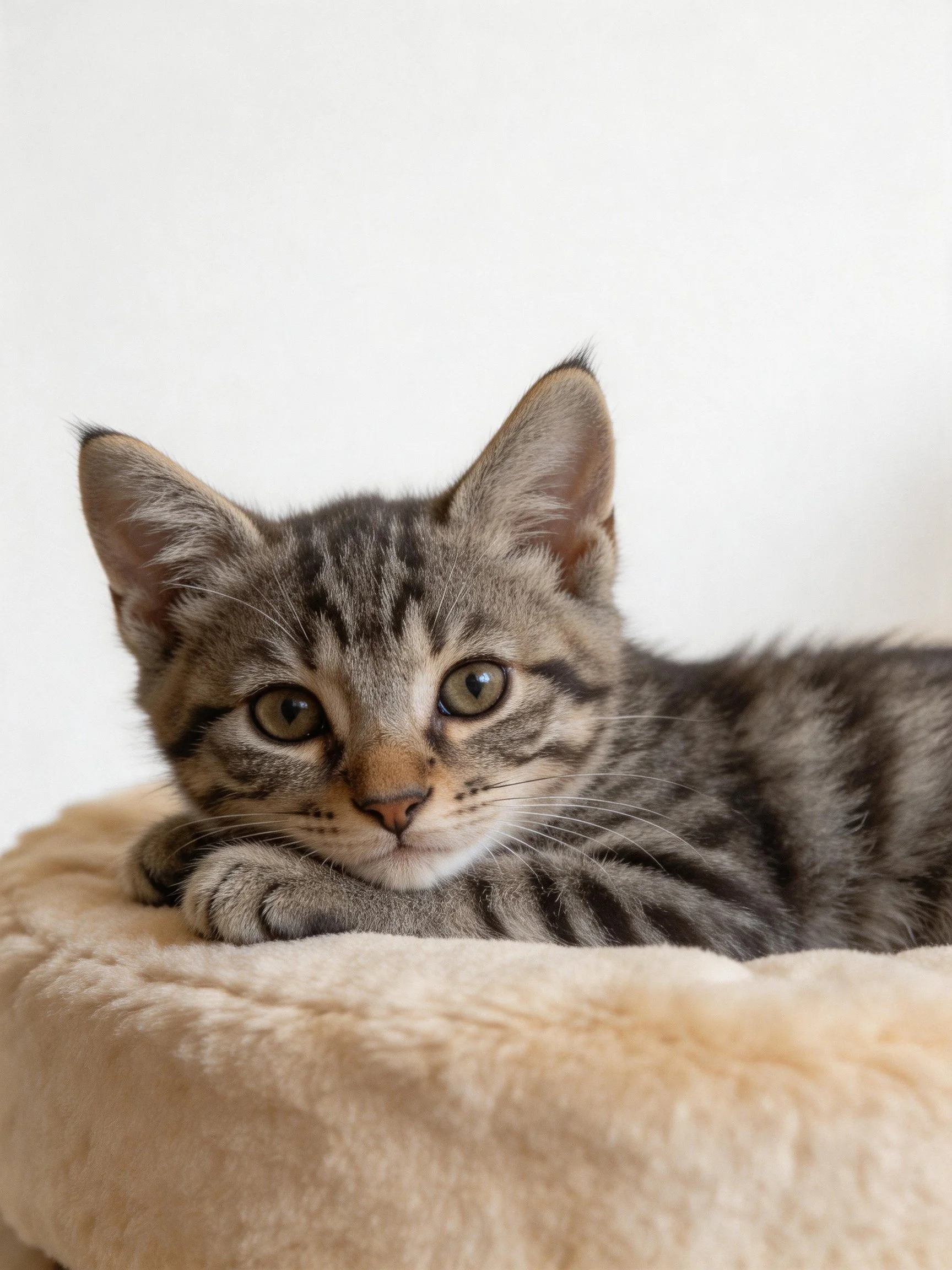 Gray tabby kitten resting on plush beige pet bed