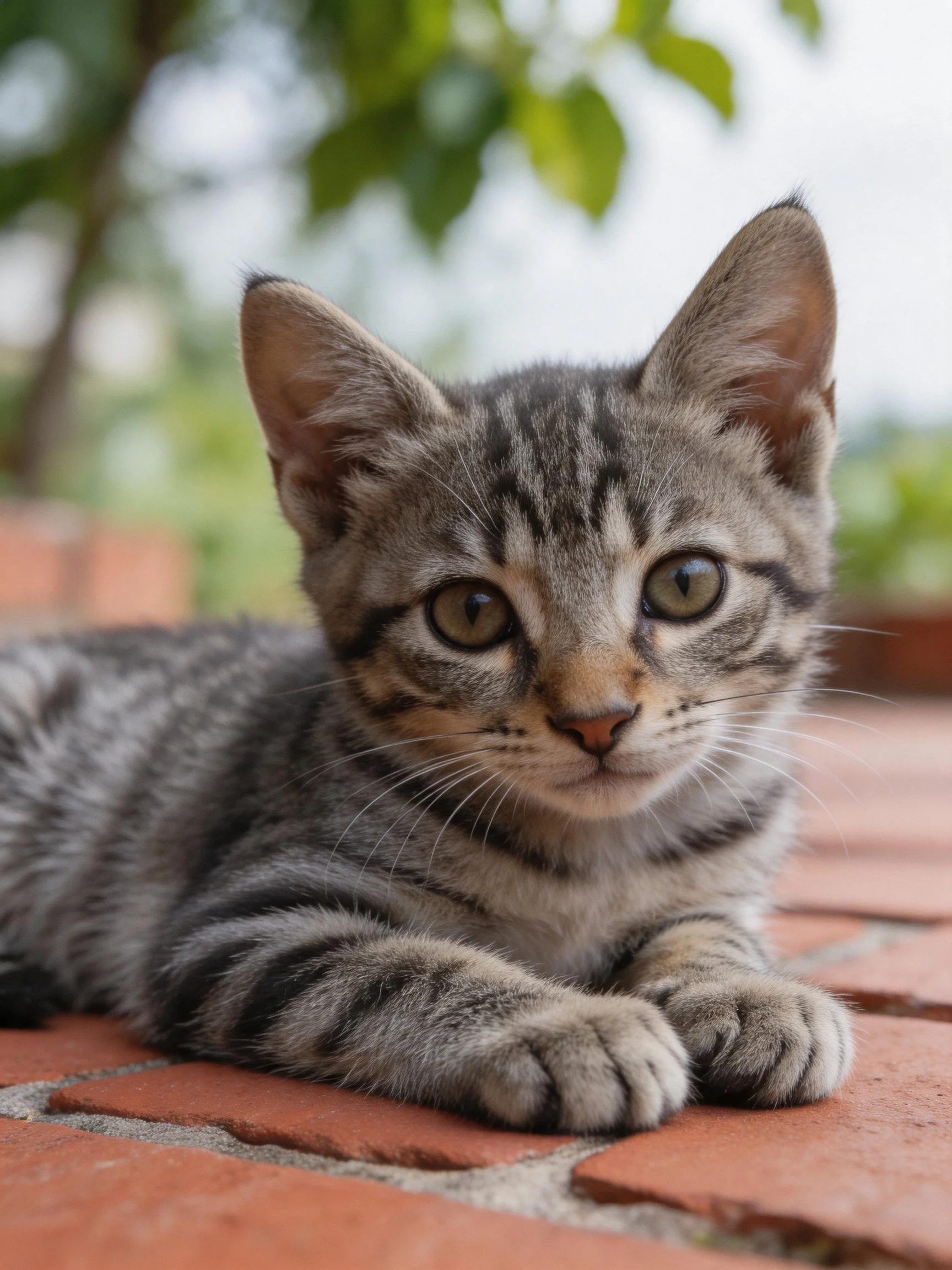 A gray tabby kitten rests on red bricks in an outdoor space.