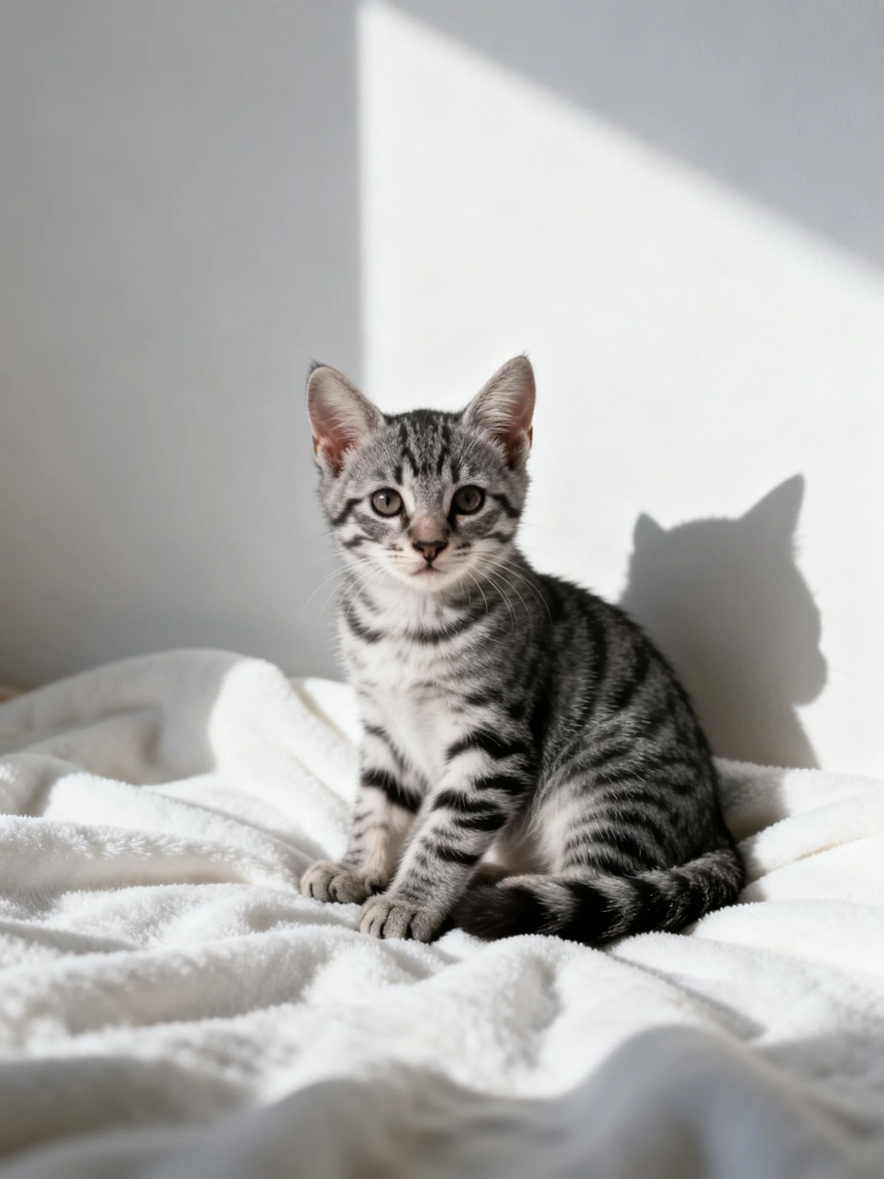 A gray tabby kitten rests on a white blanket in a sunlit environment.