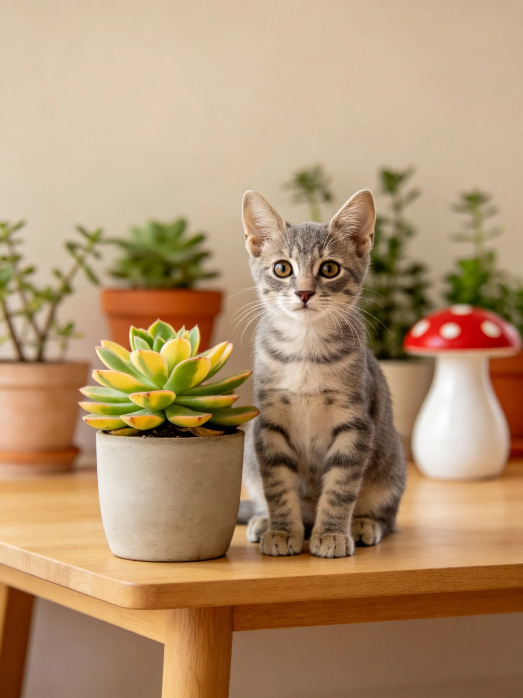 Gray tabby kitten sitting beside succulent plants near decorative mushrooms