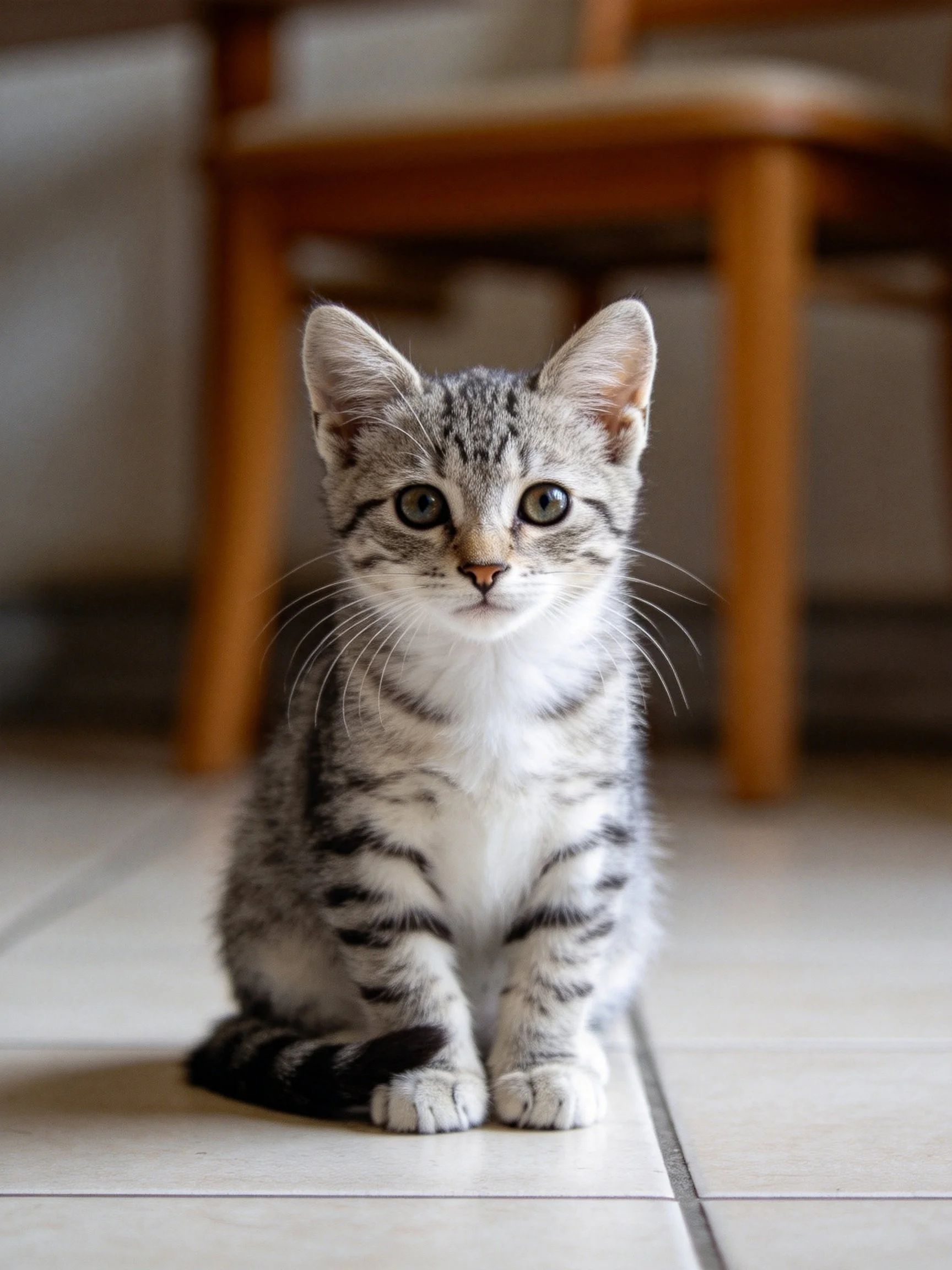A gray tabby kitten sits calmly on a tiledfloor near a wooden chair.