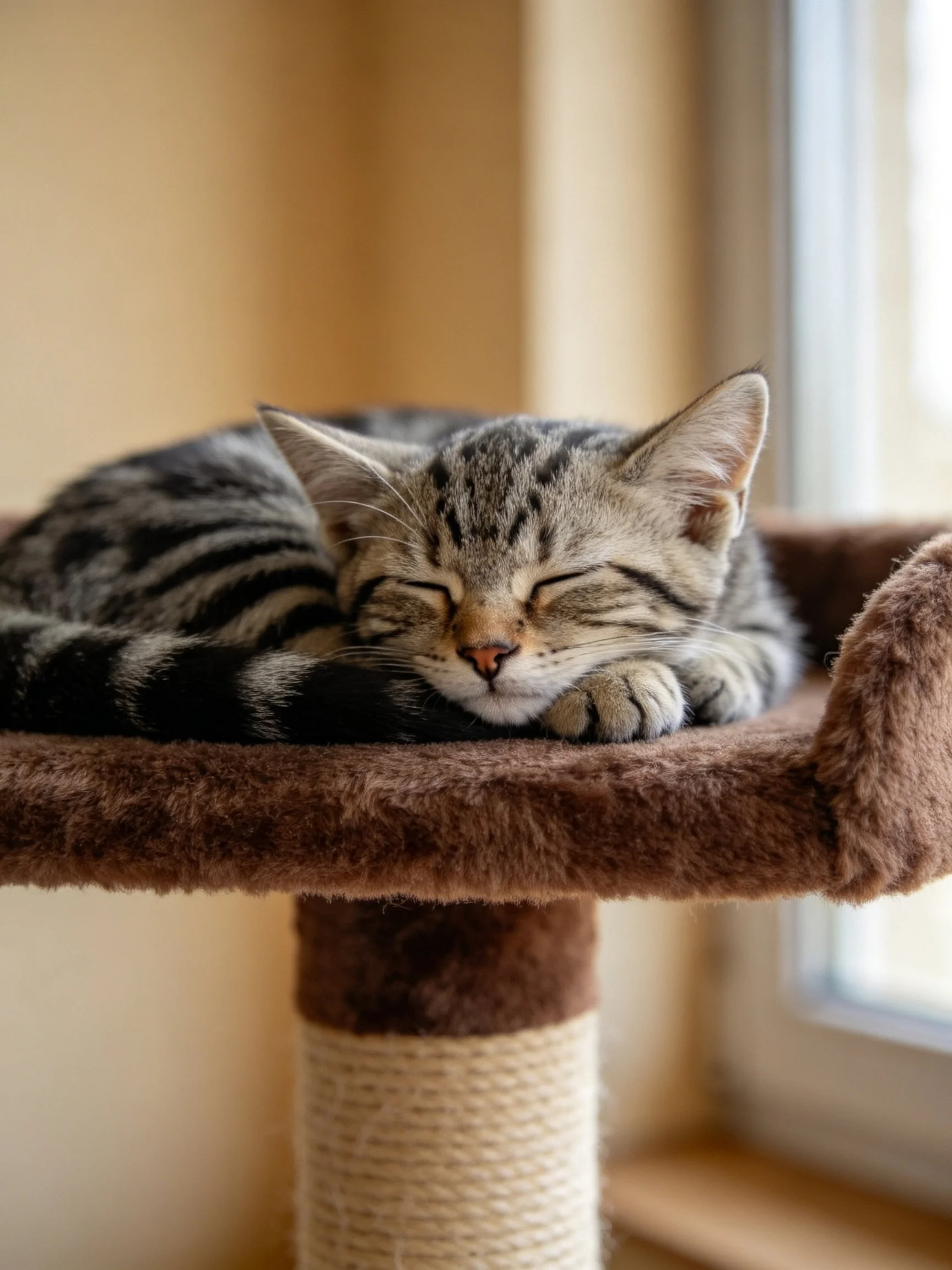 Gray tabby kitten sleeps on plush brown cat tree by window