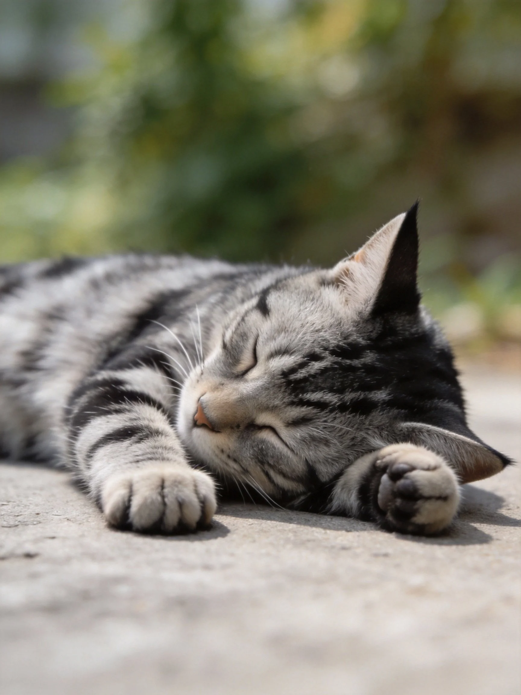 Gray tabby kitten sleeps peacefully on concrete