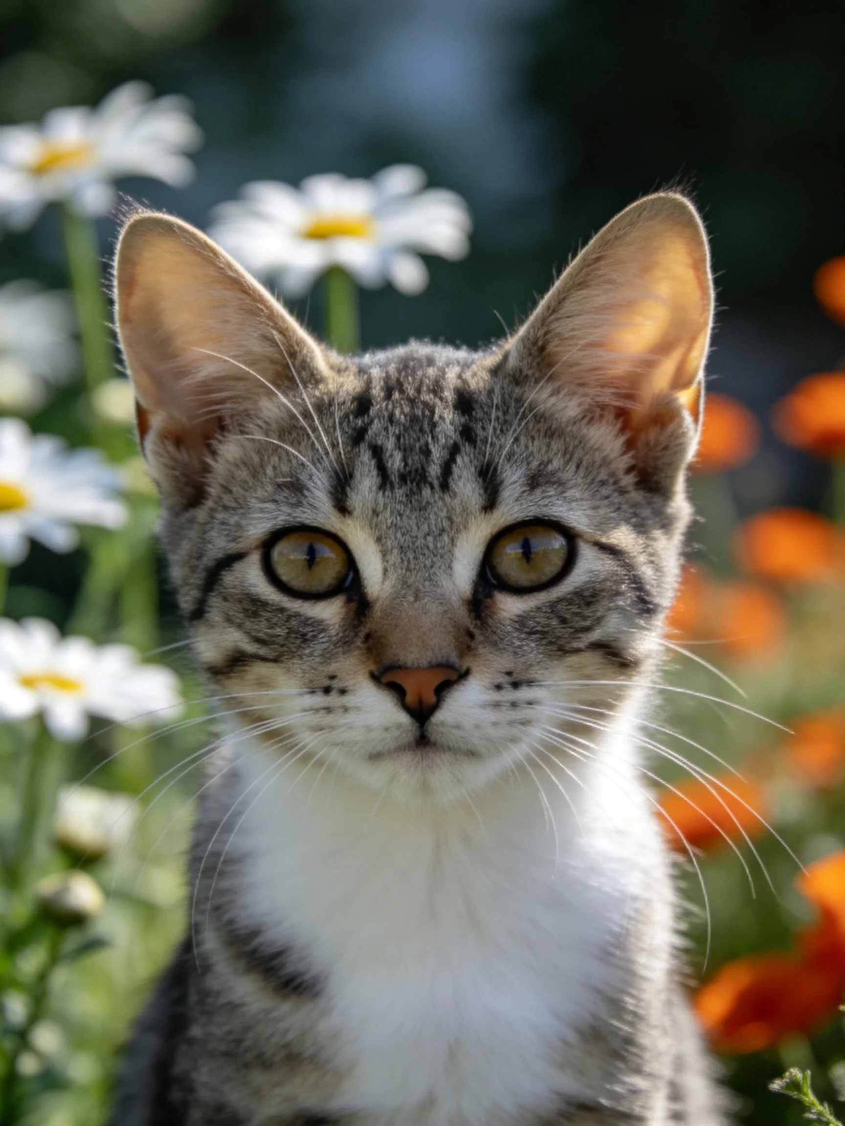 A gray tabby kitten stands among white daisies and orange flowers in an outdoor garden.