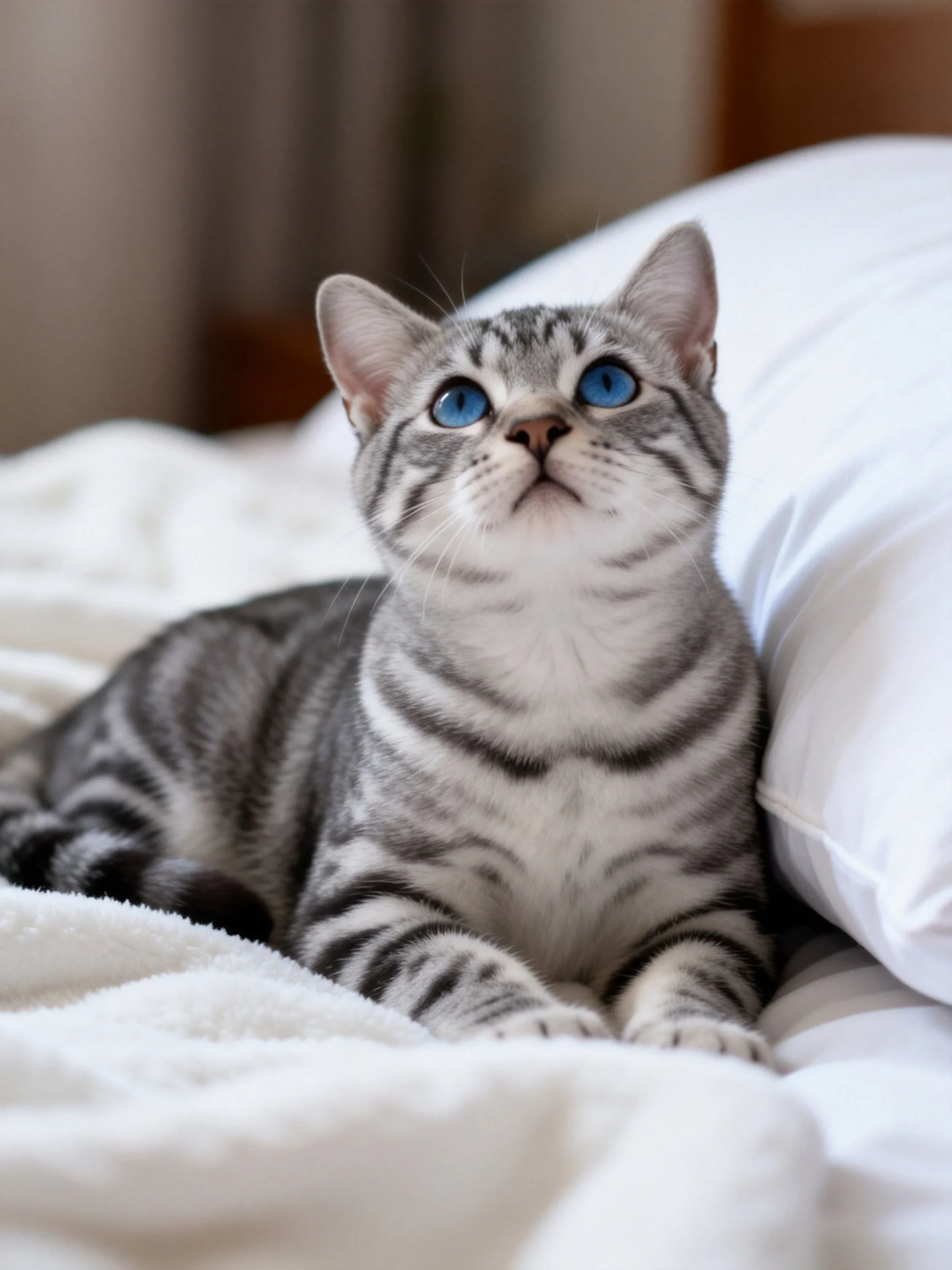 Gray tabby kitten with blue eyes relaxes on soft white bedding.