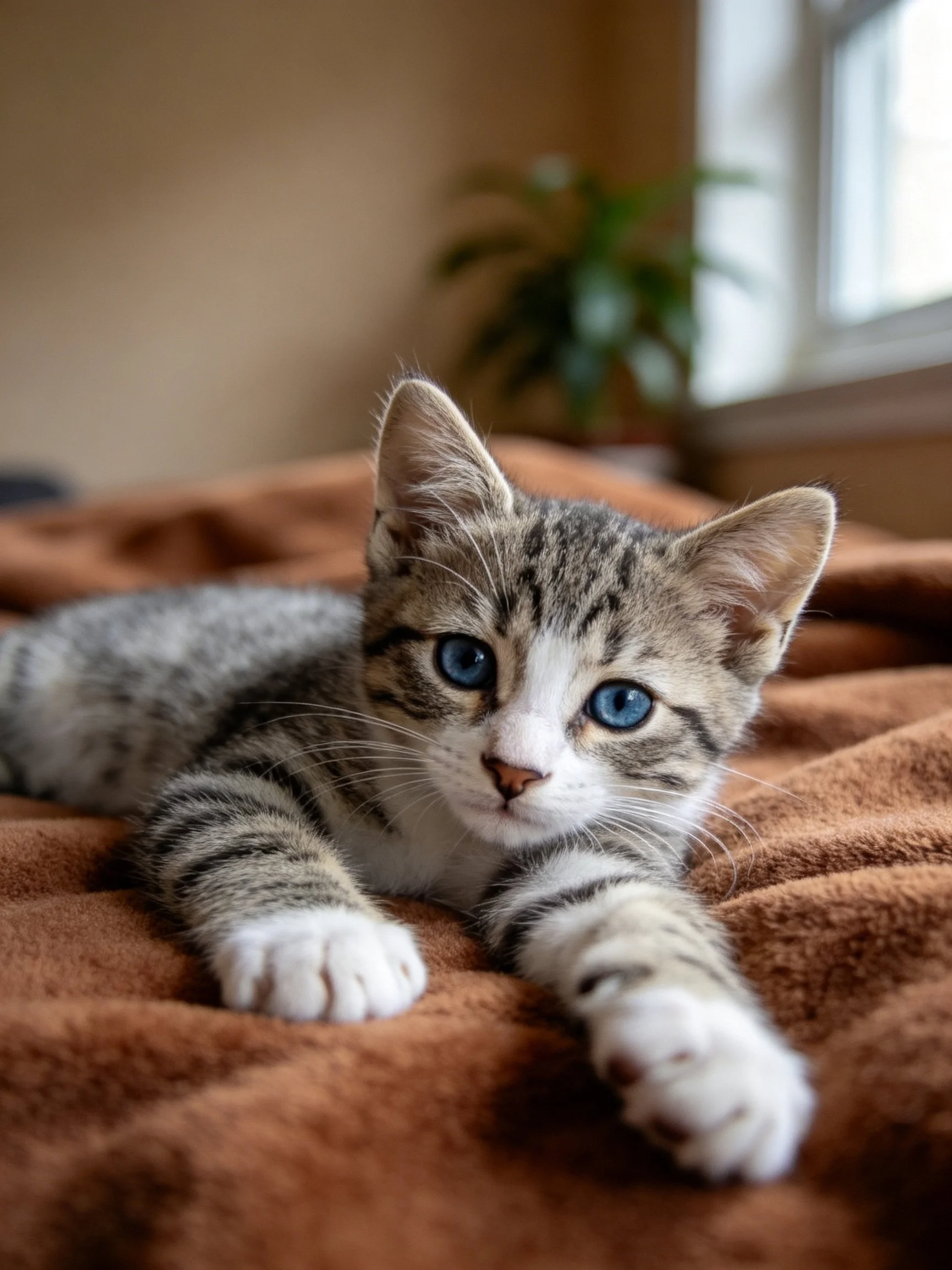 A gray tabby kitten with blue eyes relaxes on a brown blanket near a window.