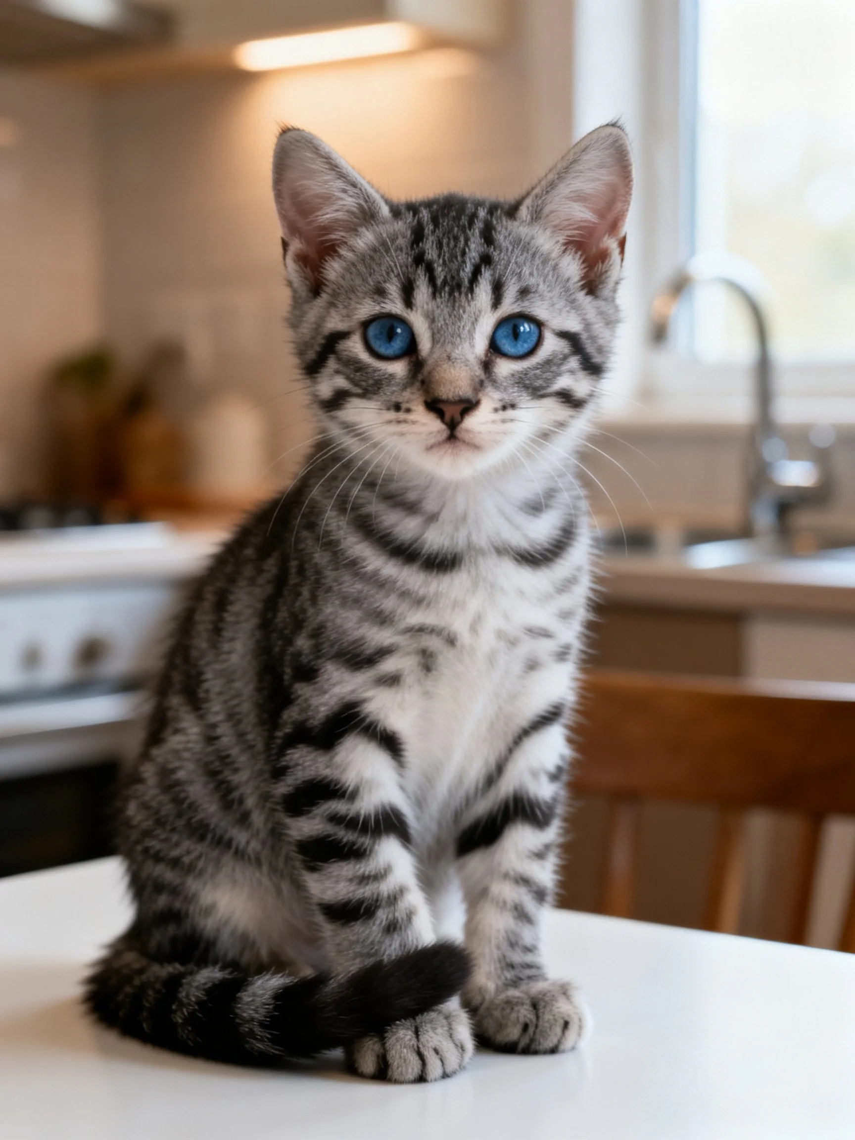 A gray tabby kitten with blue eyes rests on a white surface in a kitchen environment.