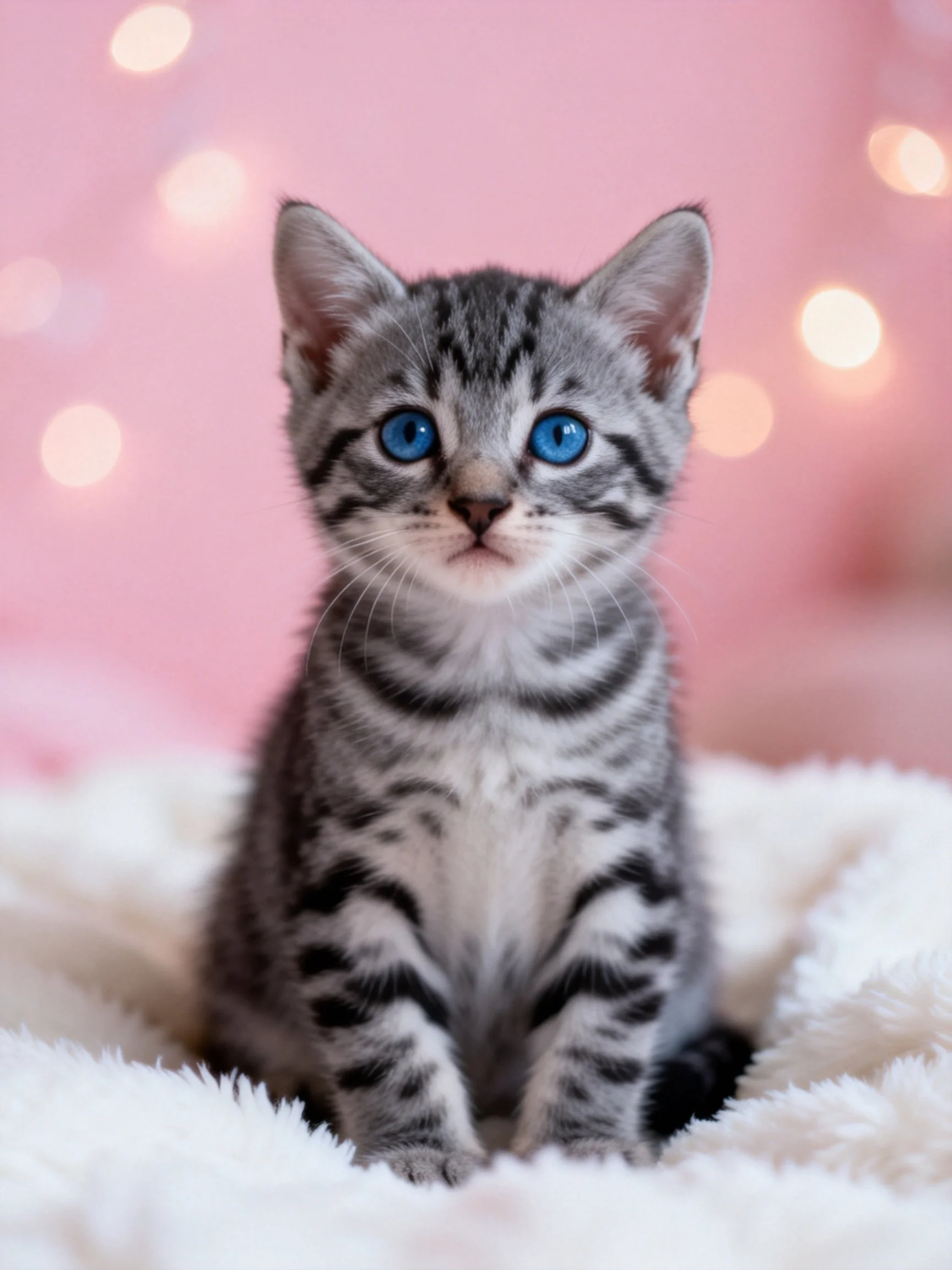 A gray tabby kitten with blue eyes sits ona white blanket amid soft pink bokeh lights.
