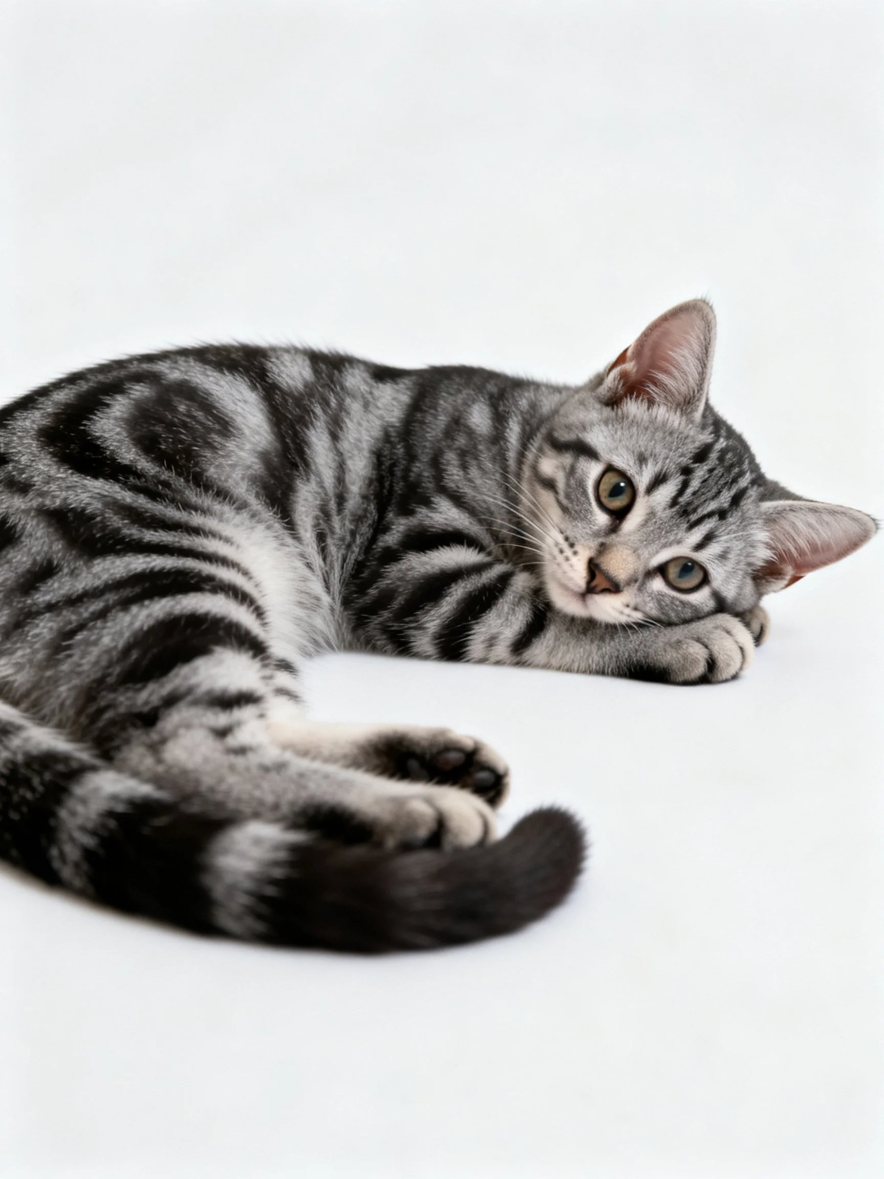Gray tabby kitten with bold black stripes resting on a white surface