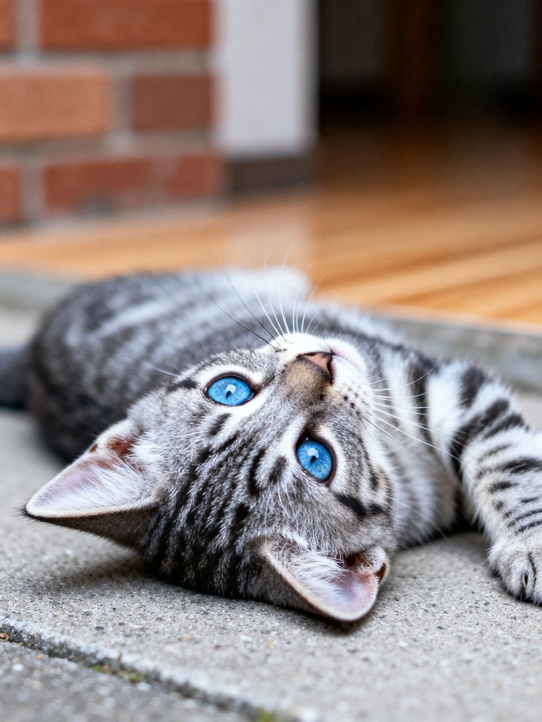A gray tabby kitten with vivid blue eyes relaxes on concrete beside a brick structure.