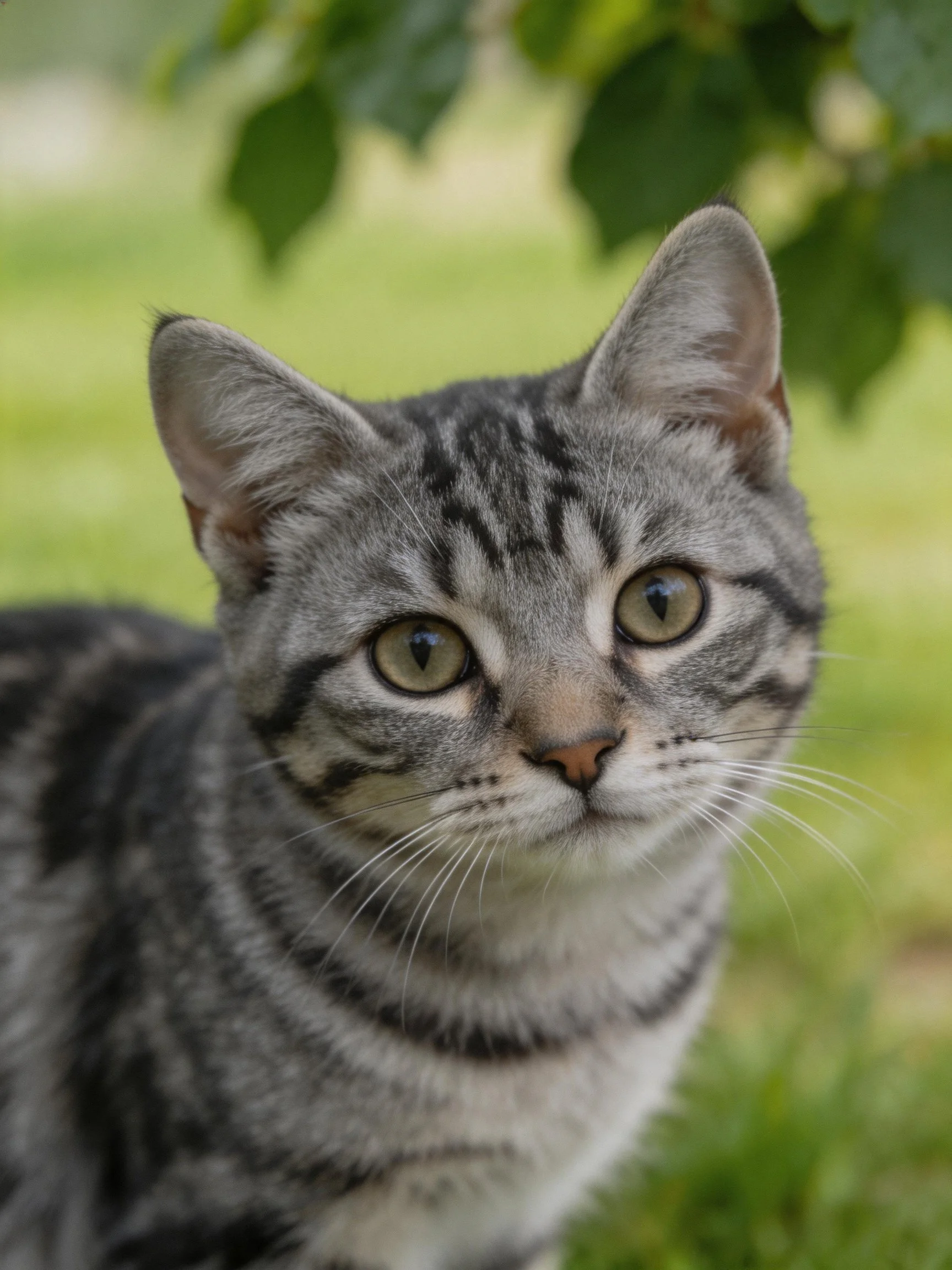 A gray tabby kitten gazes attentively amid verdant surroundings.
