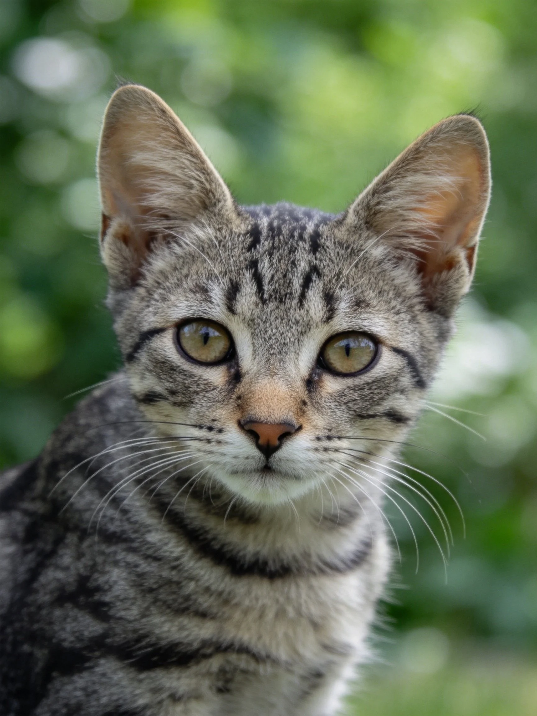 Gray tabby kitten with green eyes in natural outdoor setting