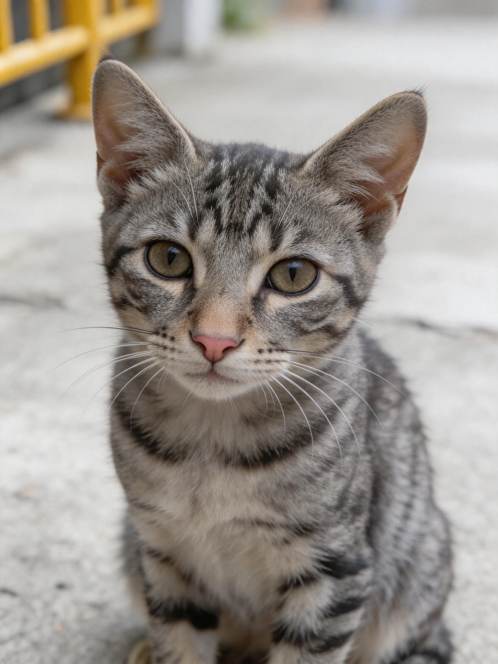 A gray tabby kitten with green eyes sits on concrete beside a yellow structure.