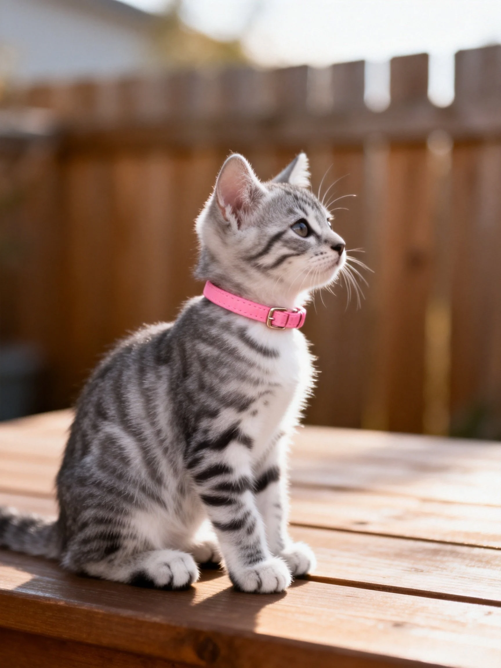 A gray tabby kitten wearing a pink collar sits on a wooden surface near a fence.