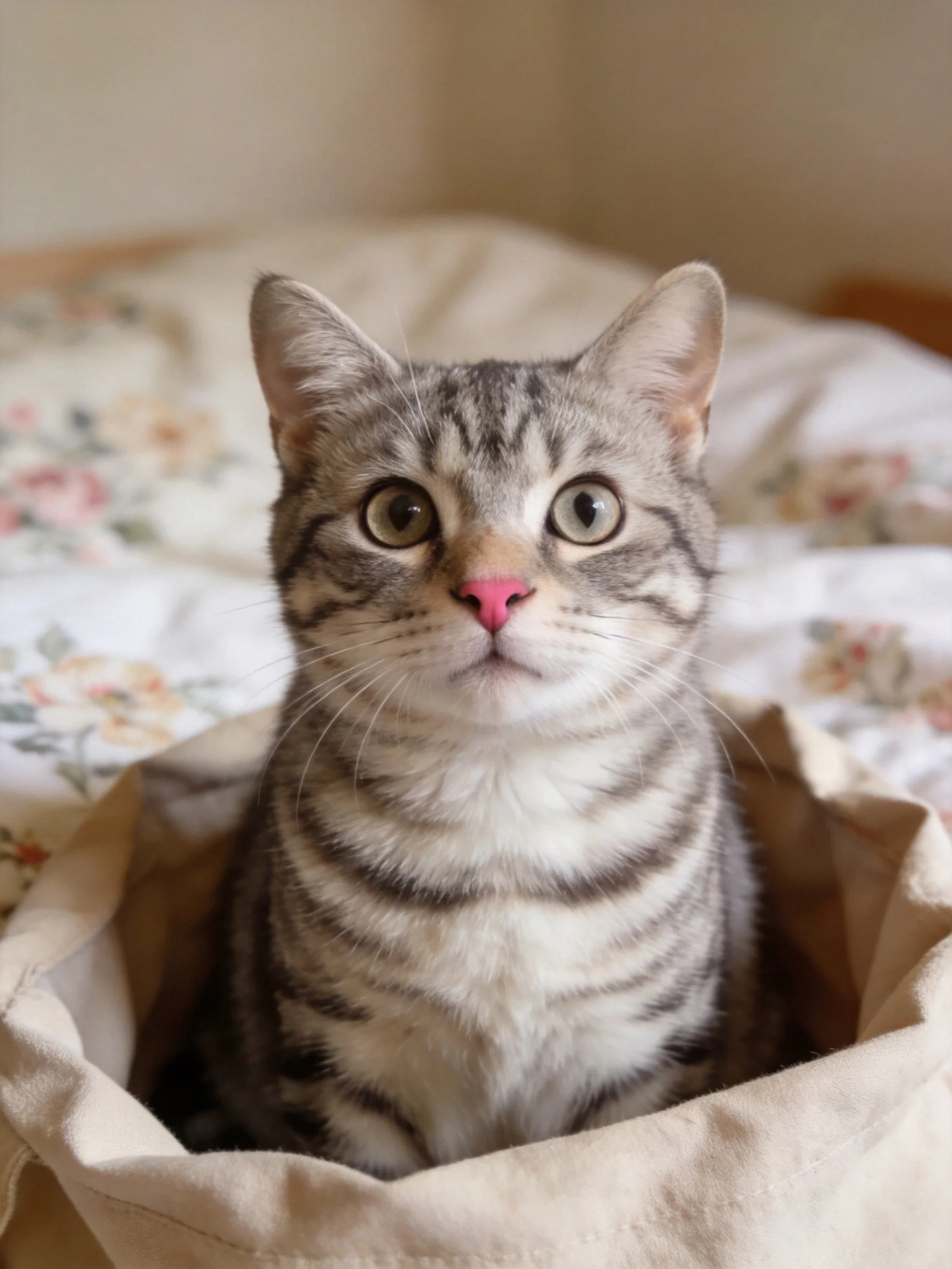 A gray tabby kitten with a pink nose sits inside a beige fabric bag on a floral bedspread.